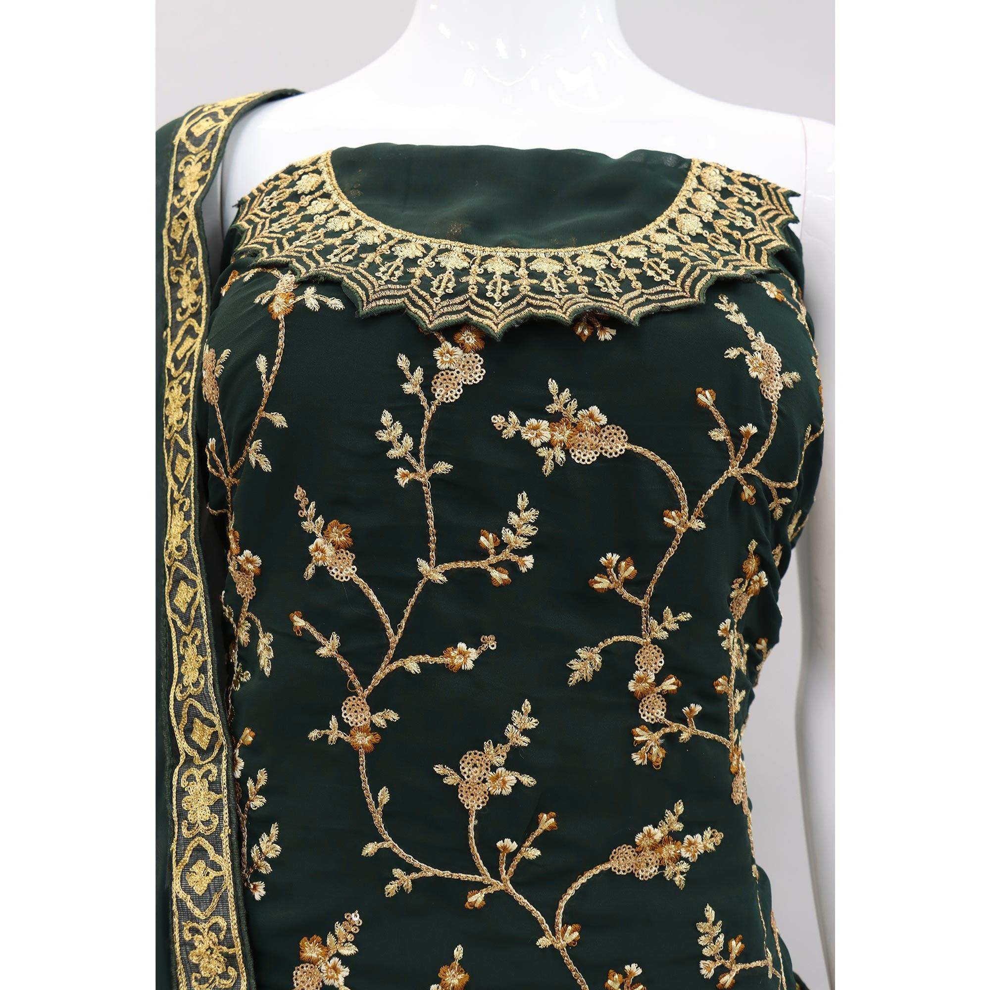 Bottle Green Embroidered With Embellished Georgette Sharara Suit - Peachmode