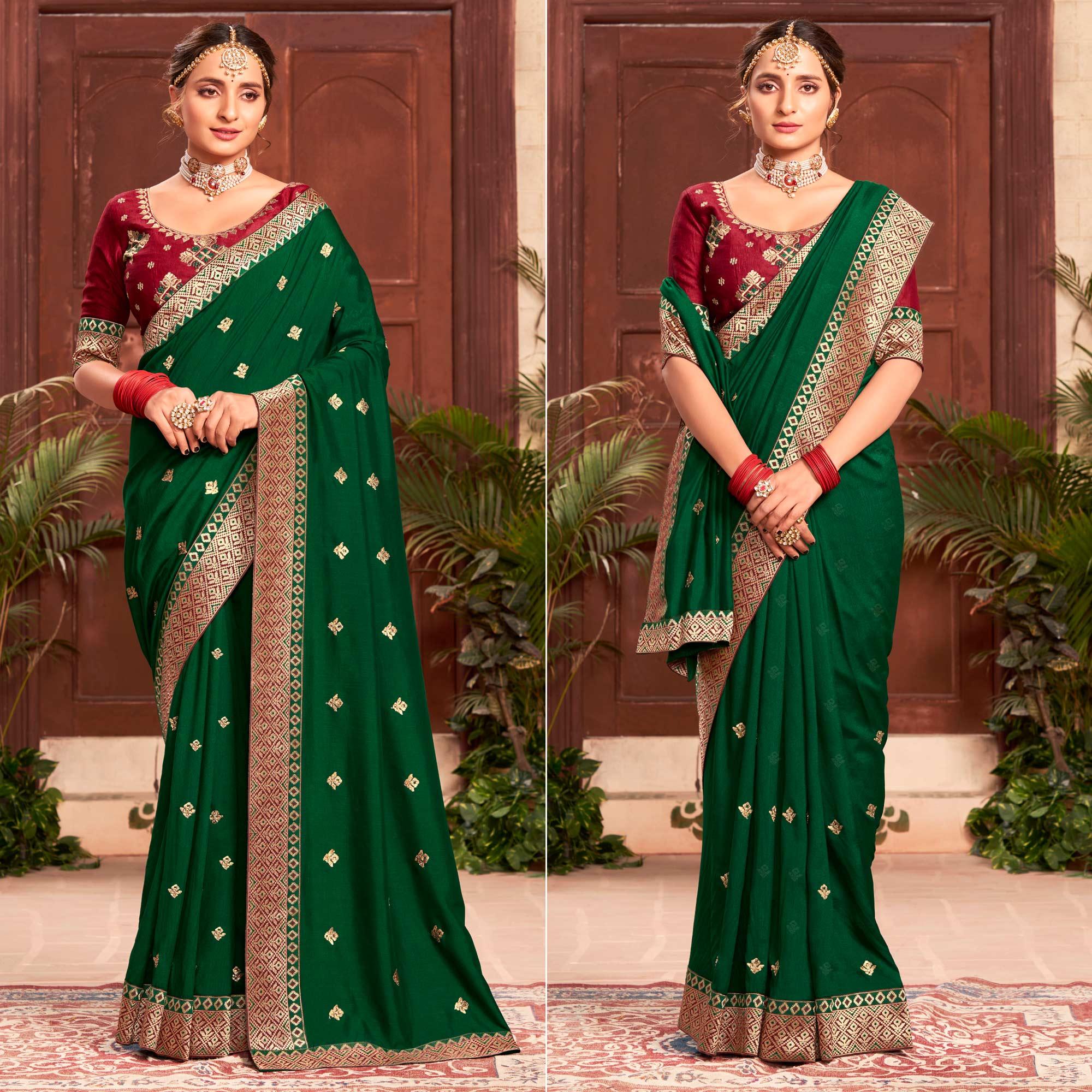 Bottle Green Embroidered With Embellished Vichitra Silk Saree - Peachmode