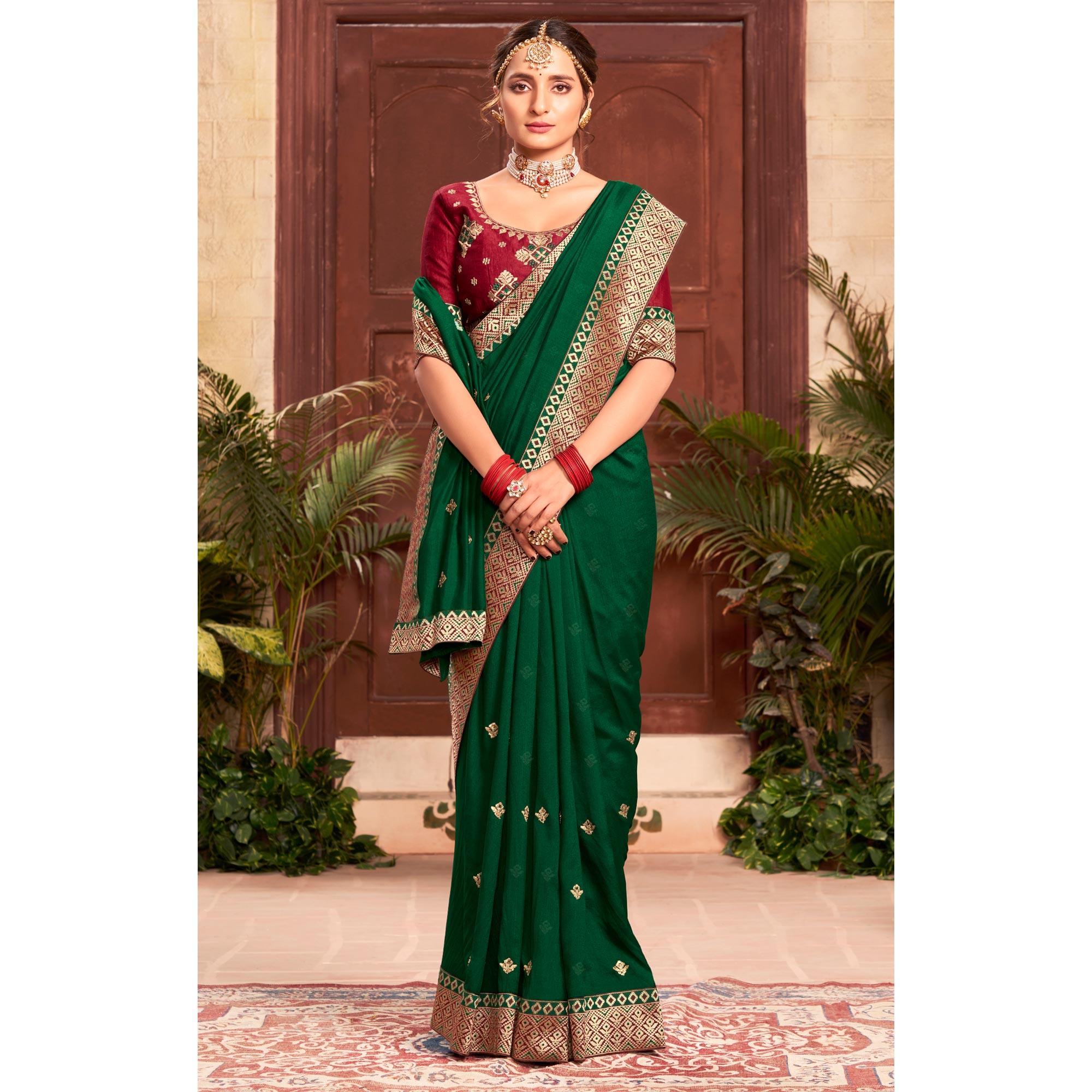 Bottle Green Embroidered With Embellished Vichitra Silk Saree - Peachmode