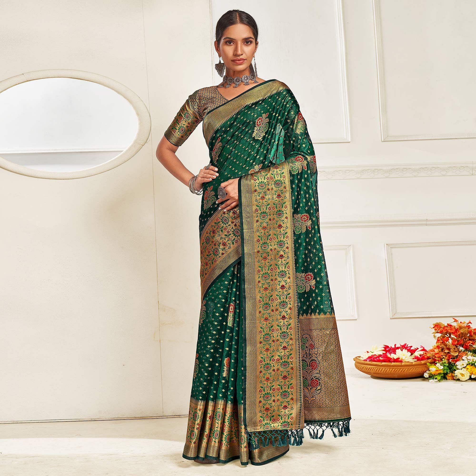 Bottle Green Festive Wear Banarasi Woven Organza Saree - Peachmode