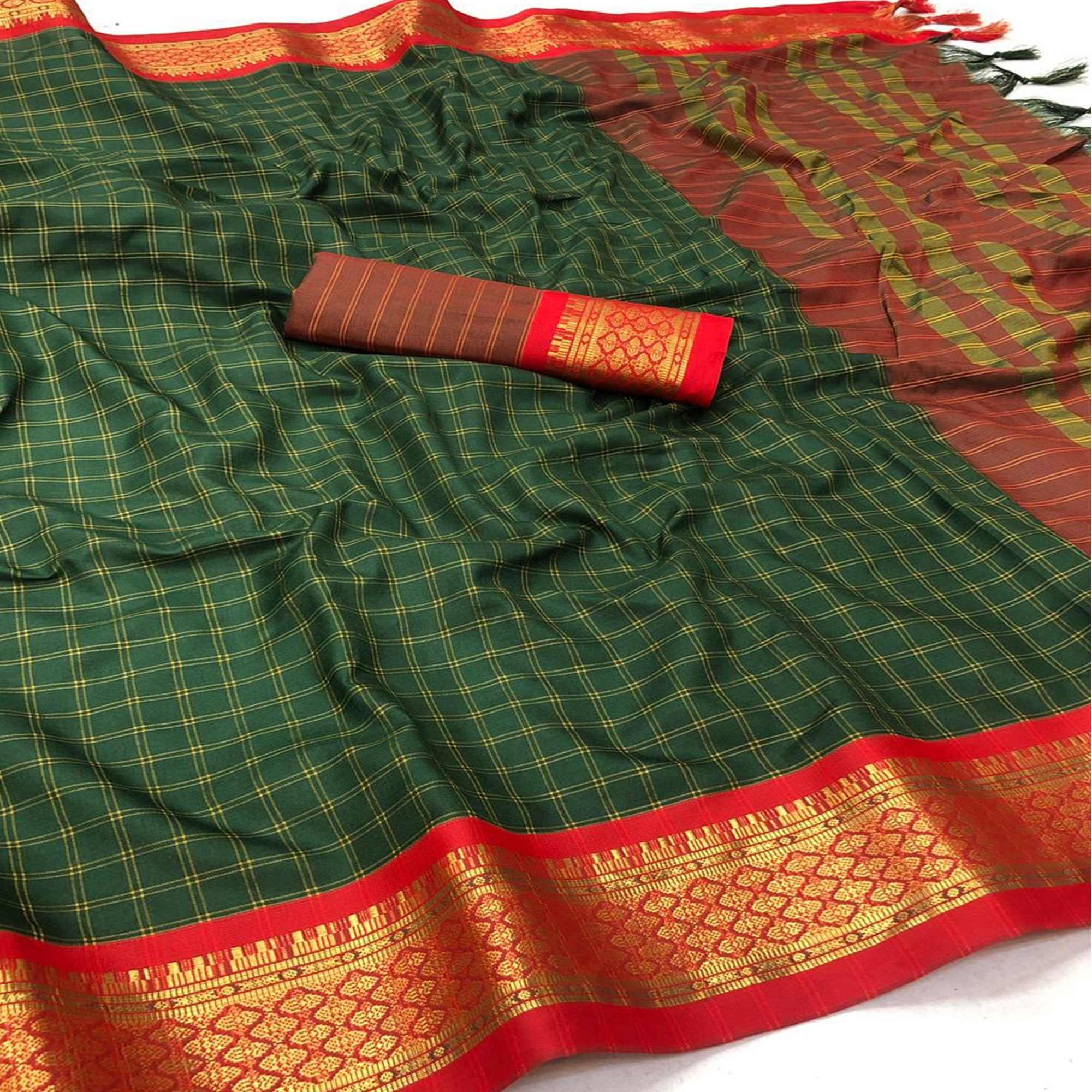 Bottle Green Festive Wear Checks With Woven Border Cotton Silk Saree - Peachmode