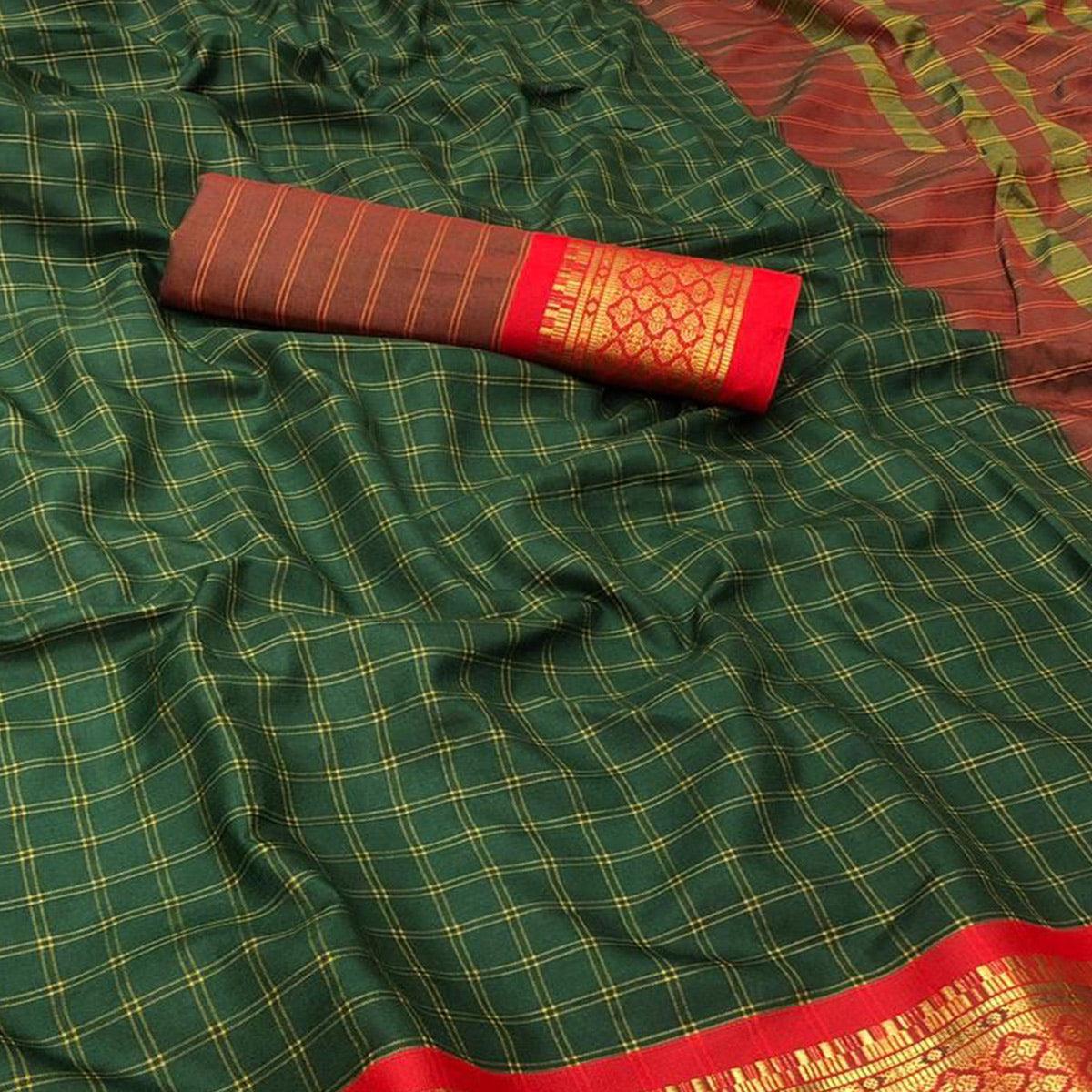 Bottle Green Festive Wear Checks With Woven Border Cotton Silk Saree - Peachmode