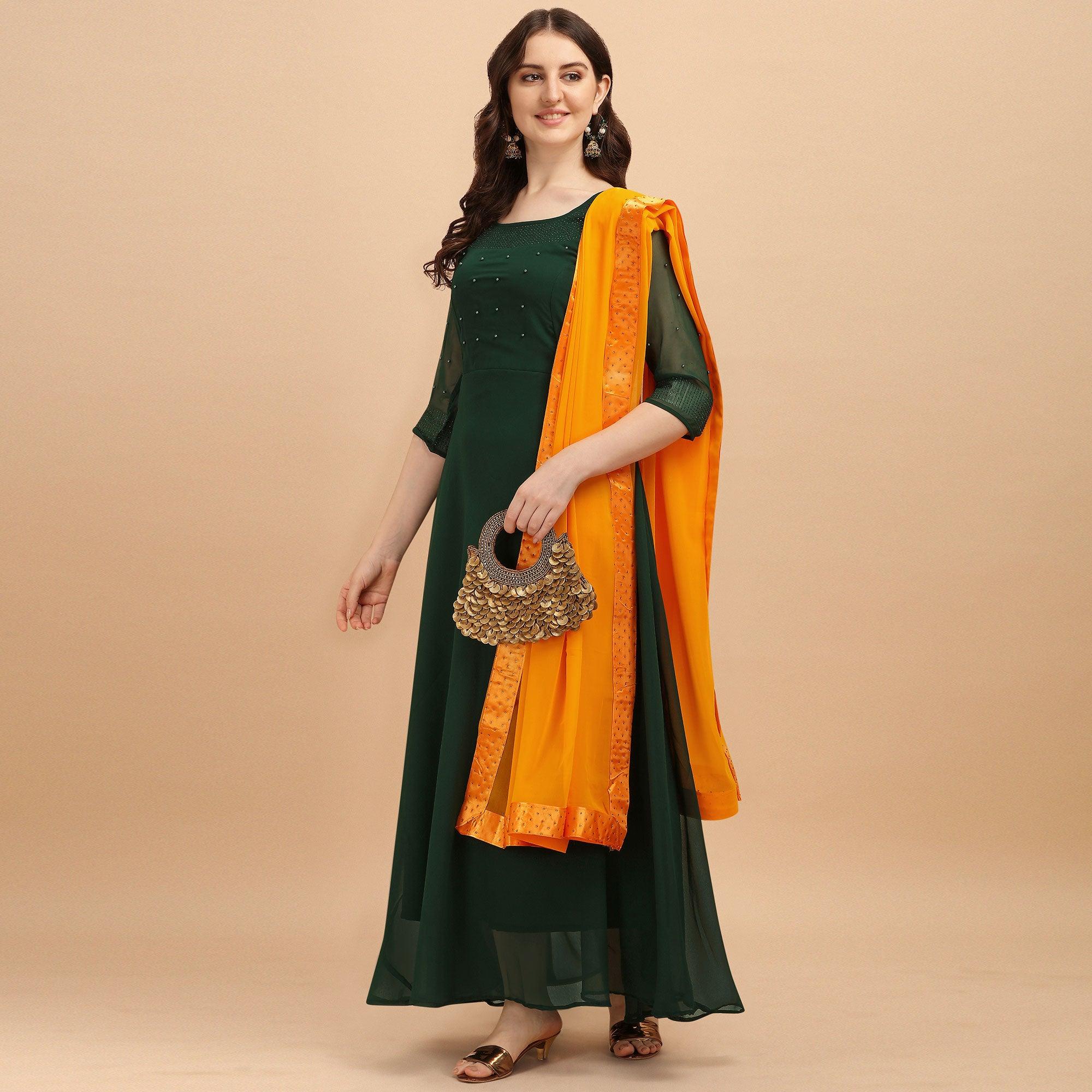 Bottle Green Festive Wear Designer Diamond Work Georgette Long Kurti With Duppata - Peachmode