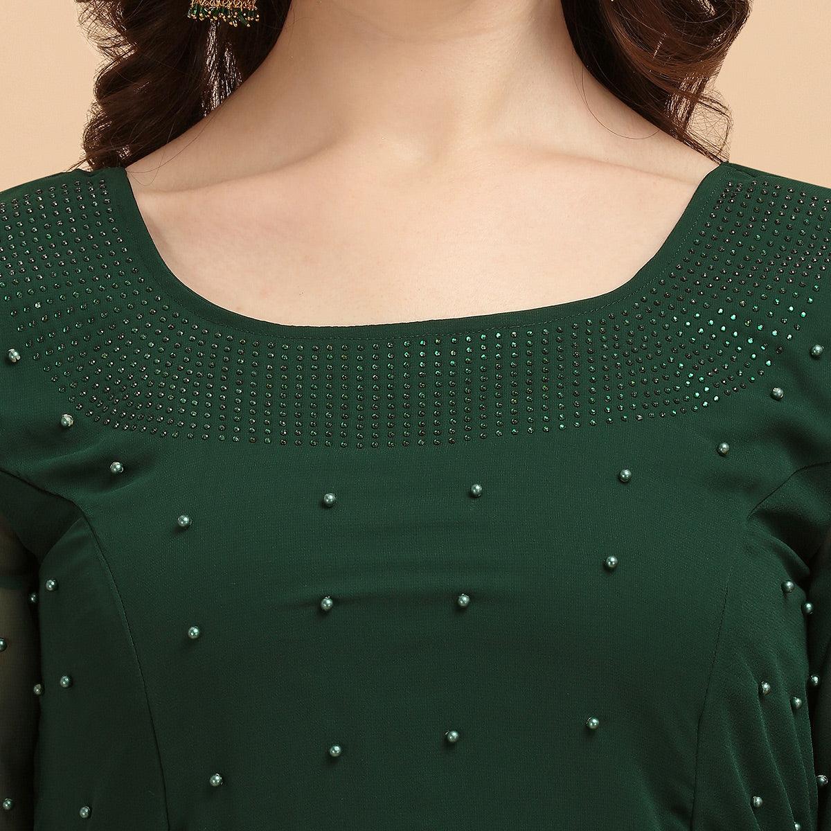 Bottle Green Festive Wear Designer Diamond Work Georgette Long Kurti With Duppata - Peachmode