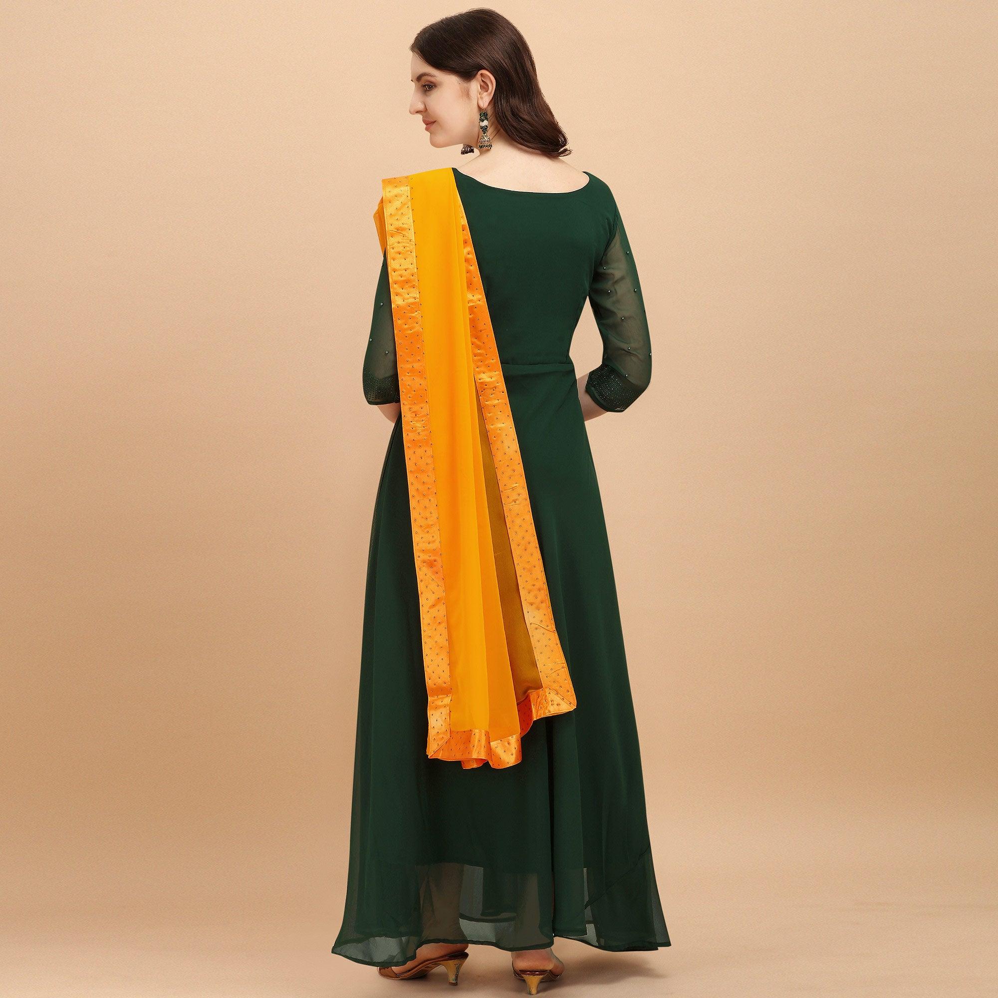 Bottle Green Festive Wear Designer Diamond Work Georgette Long Kurti With Duppata - Peachmode
