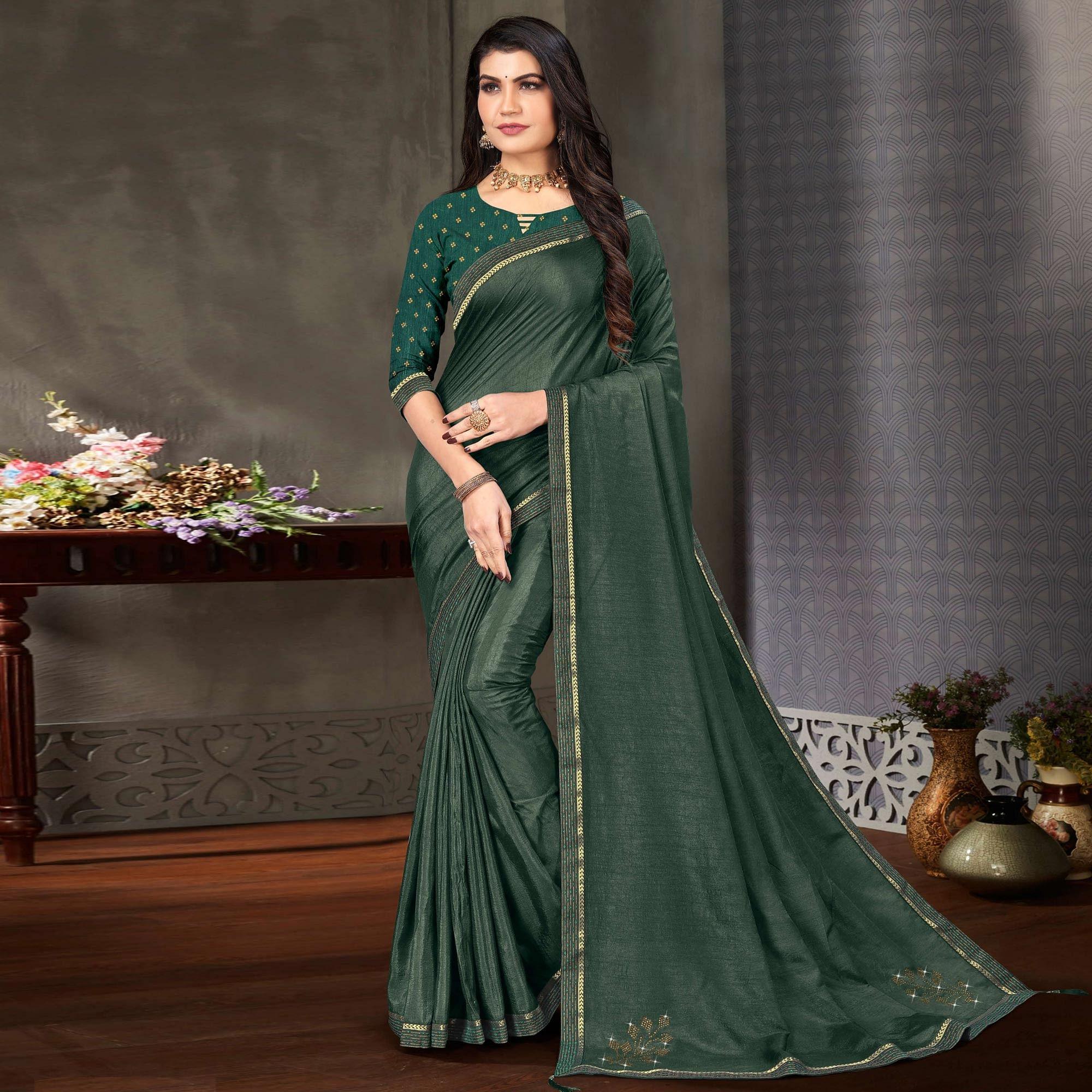 Bottle Green Festive Wear Embellished Art Silk Saree - Peachmode