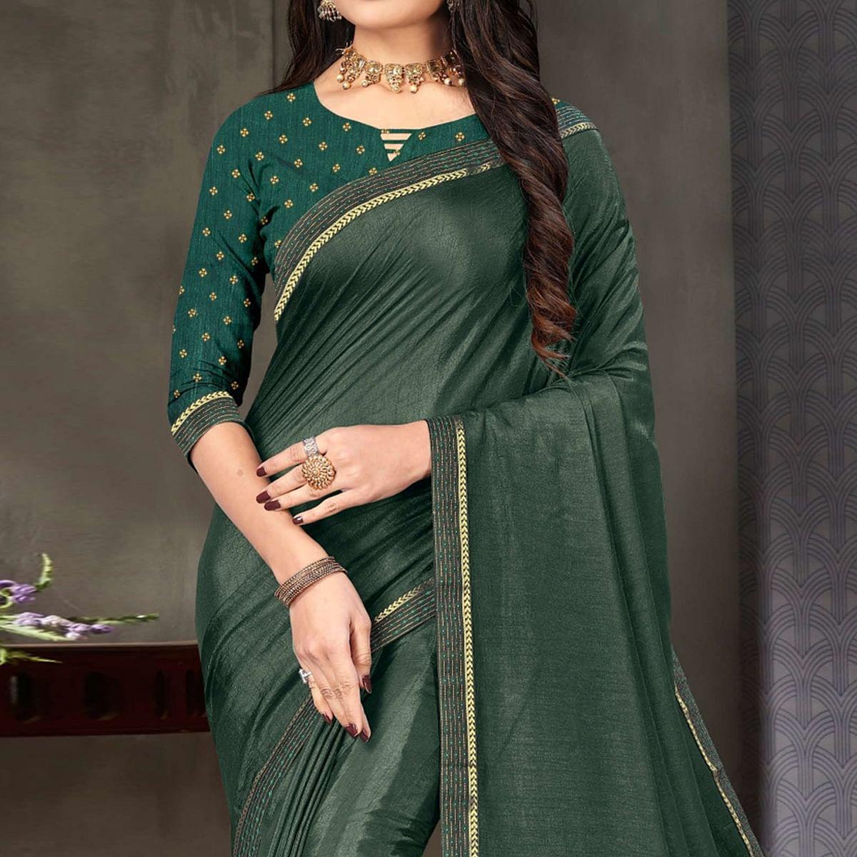 Bottle Green Festive Wear Embellished Art Silk Saree - Peachmode