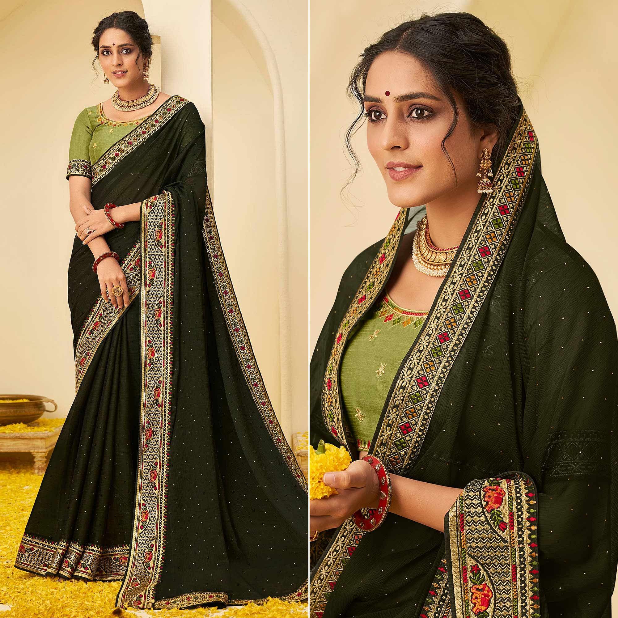 Bottle Green Festive Wear Embellished Chiffon Saree With Heavy Lace - Peachmode