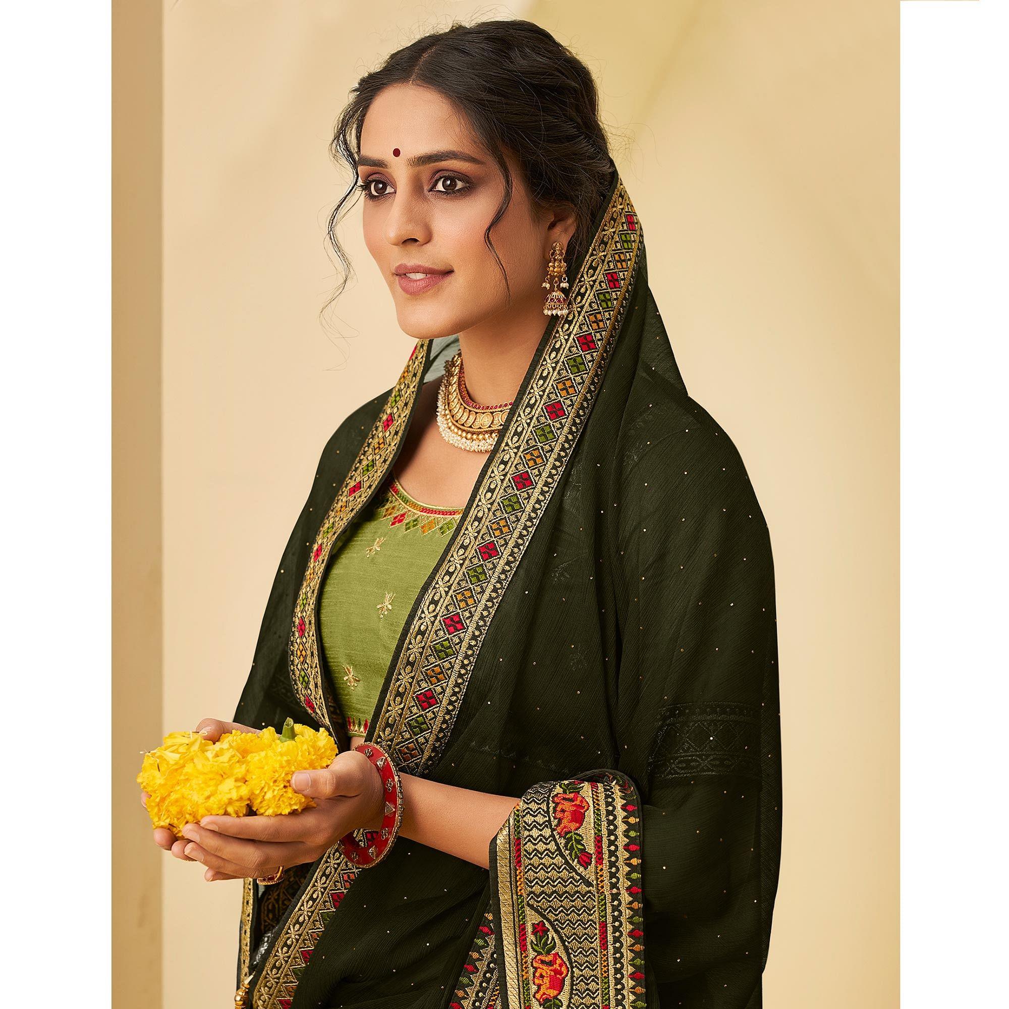 Bottle Green Festive Wear Embellished Chiffon Saree With Heavy Lace - Peachmode