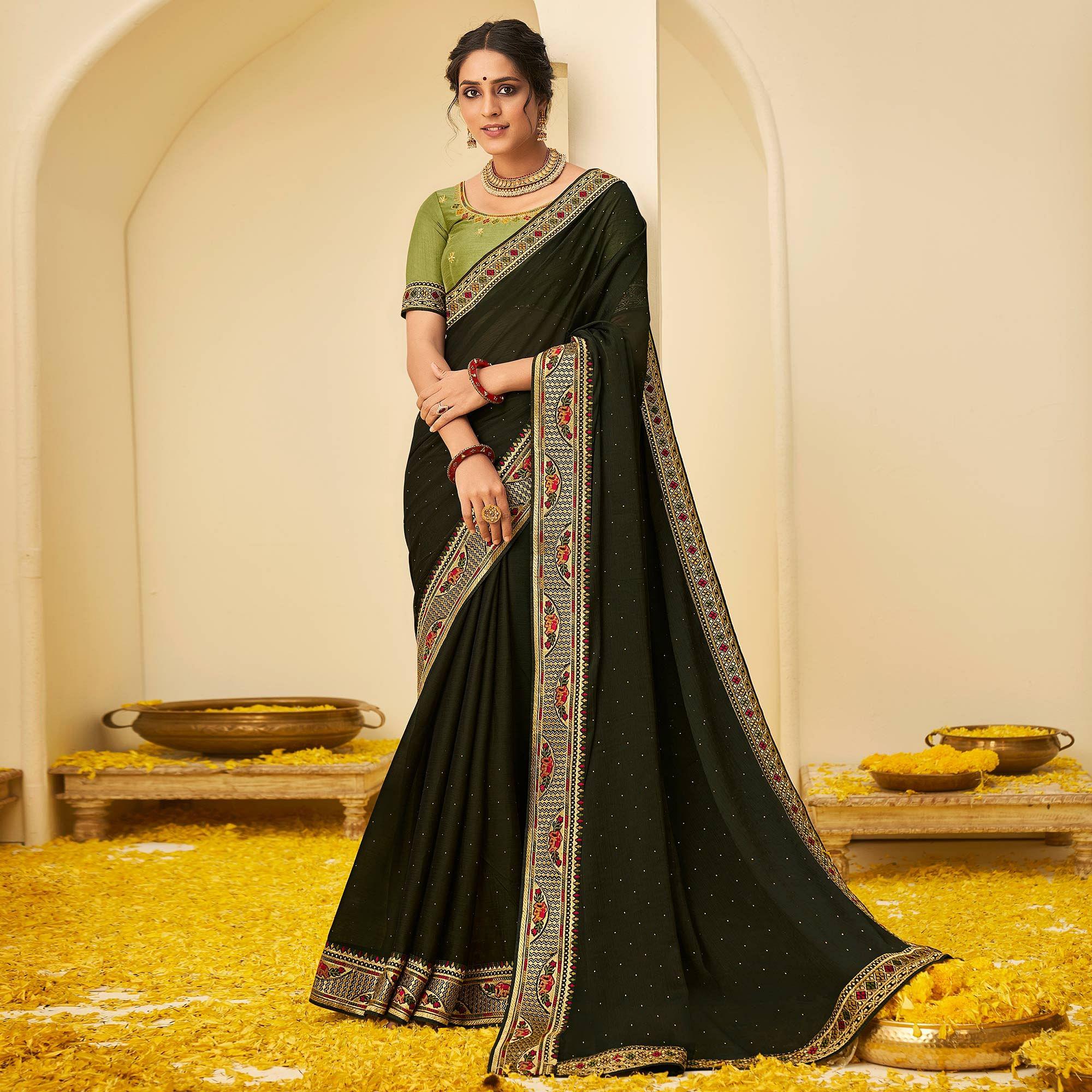 Bottle Green Festive Wear Embellished Chiffon Saree With Heavy Lace - Peachmode