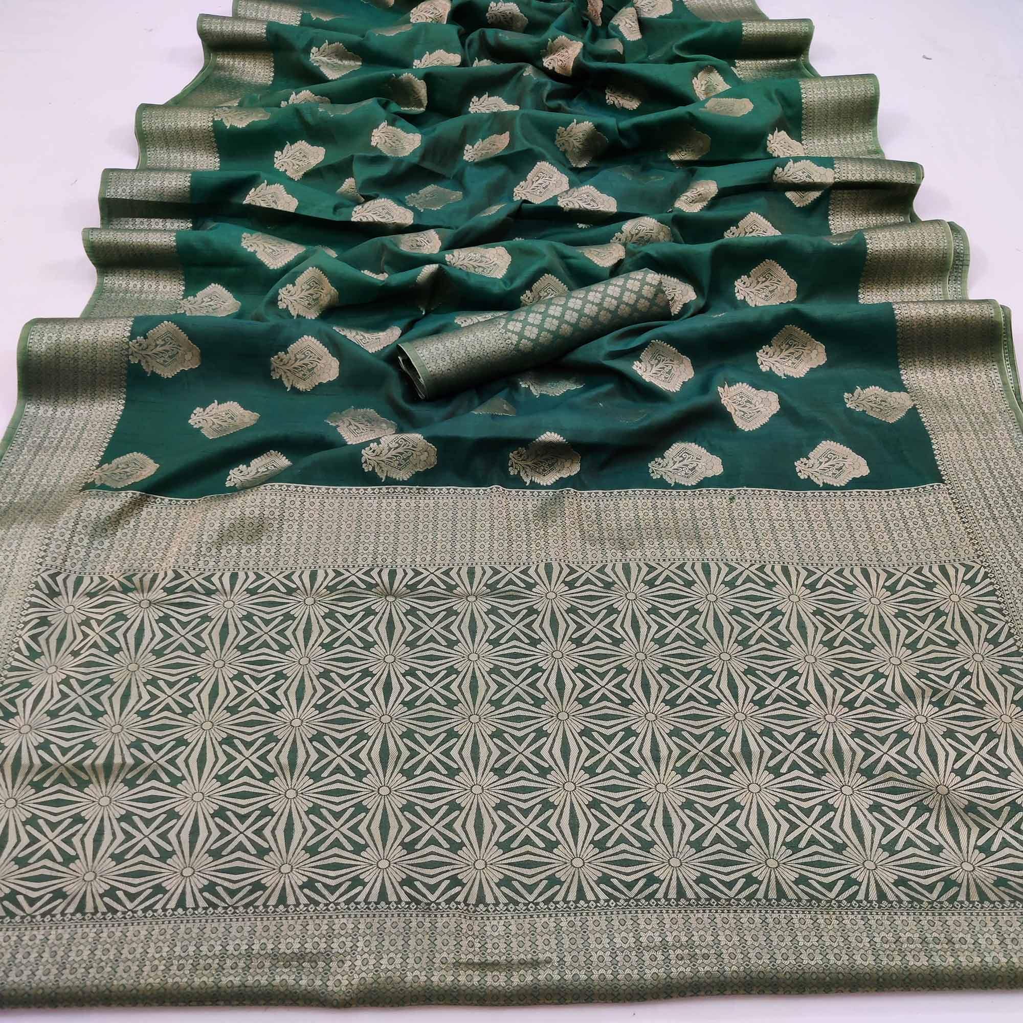 Bottle Green Festive Wear Floral Woven Art Silk Saree - Peachmode
