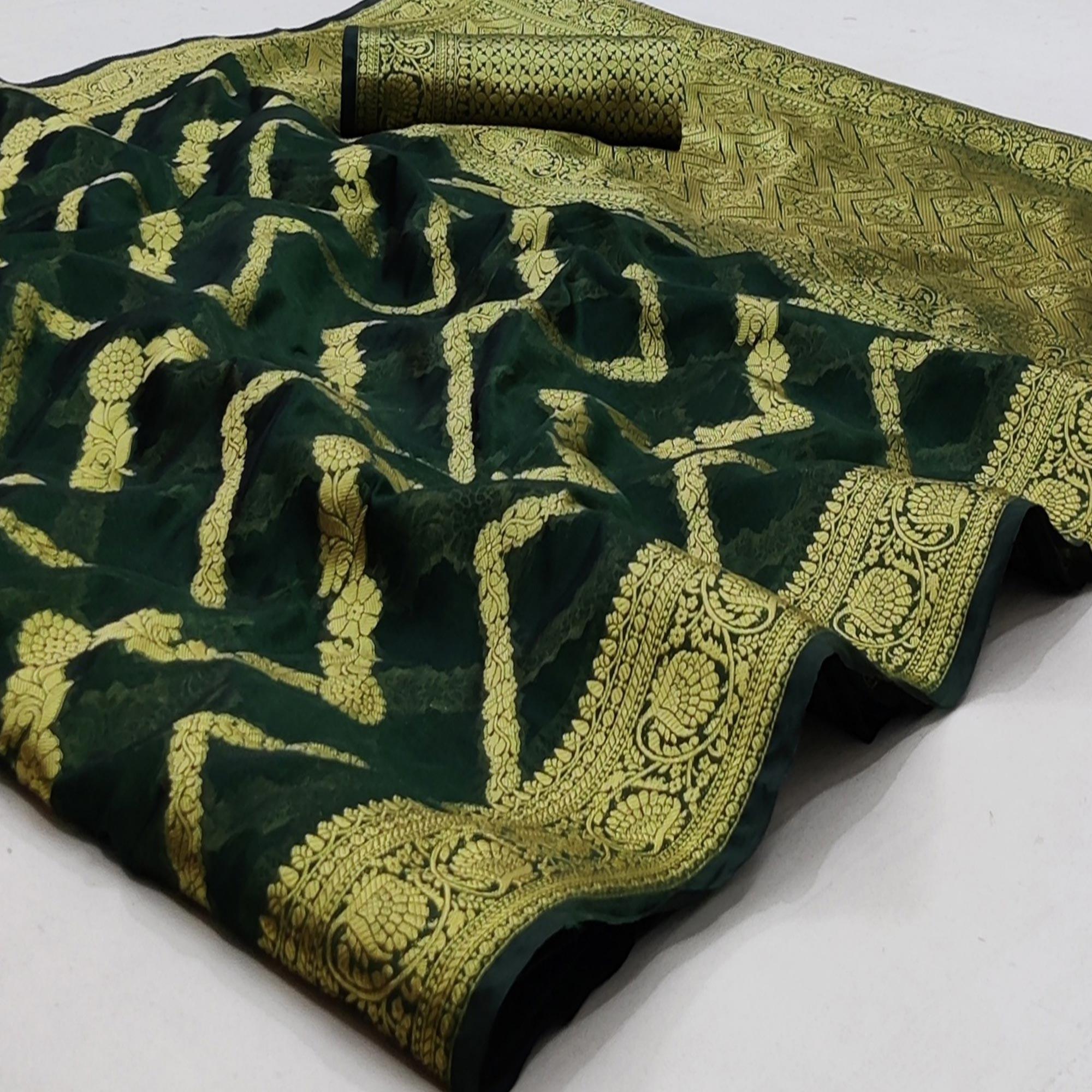 Bottle Green Festive Wear Floral Woven Soft Organza Saree - Peachmode