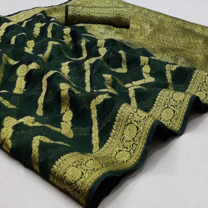 Bottle Green Festive Wear Floral Woven Soft Organza Saree - Peachmode