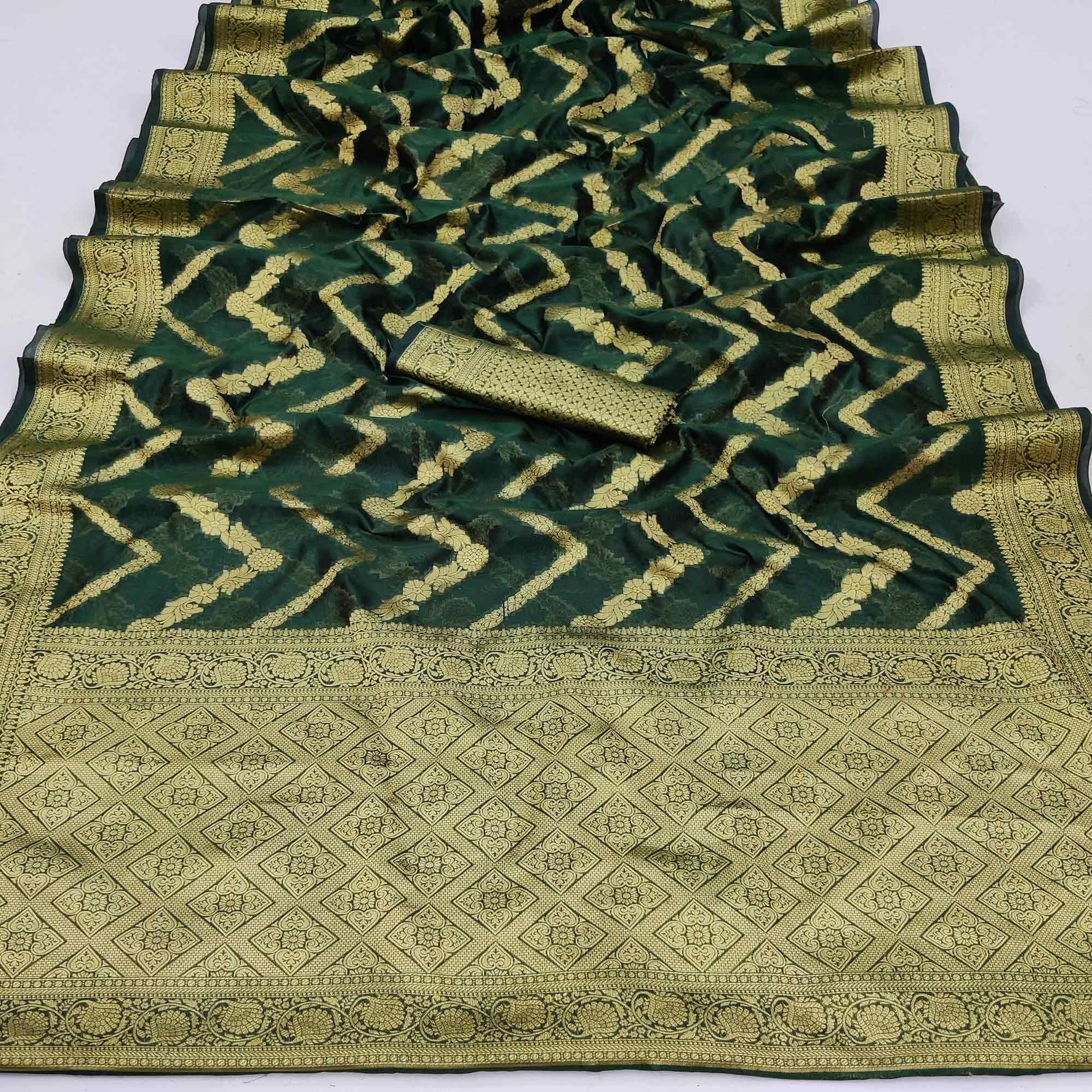 Bottle Green Festive Wear Floral Woven Soft Organza Saree - Peachmode