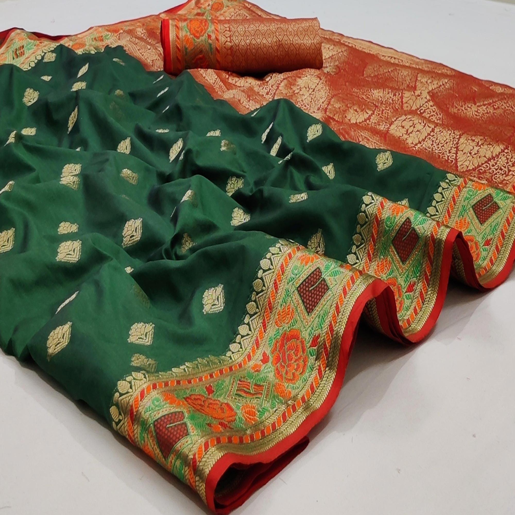 Bottle Green Festive Wear Floral Woven Soft Silk Saree With Jacquard Border - Peachmode