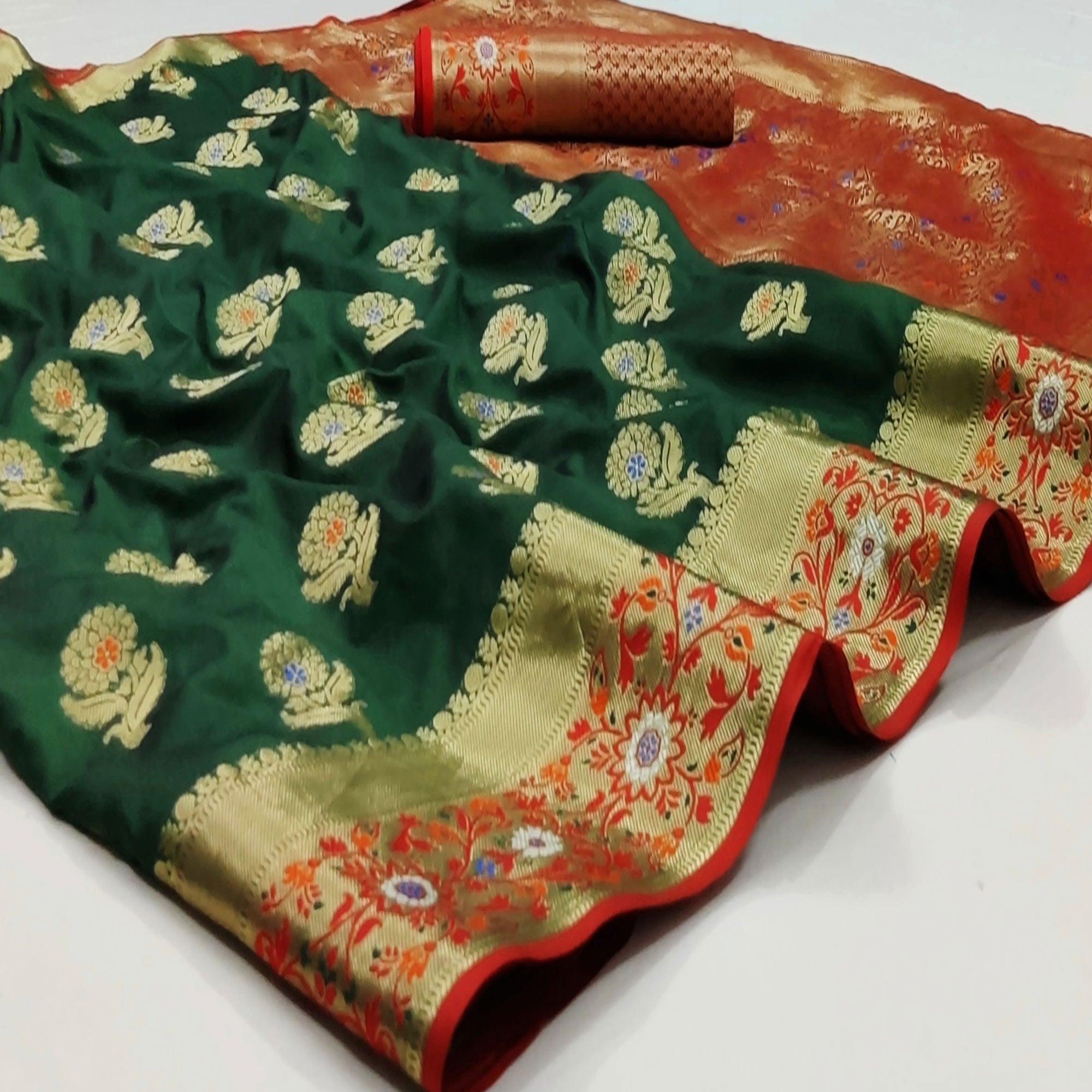 Bottle Green Festive Wear Floral Woven Soft Silk Saree With Jacquard Border - Peachmode