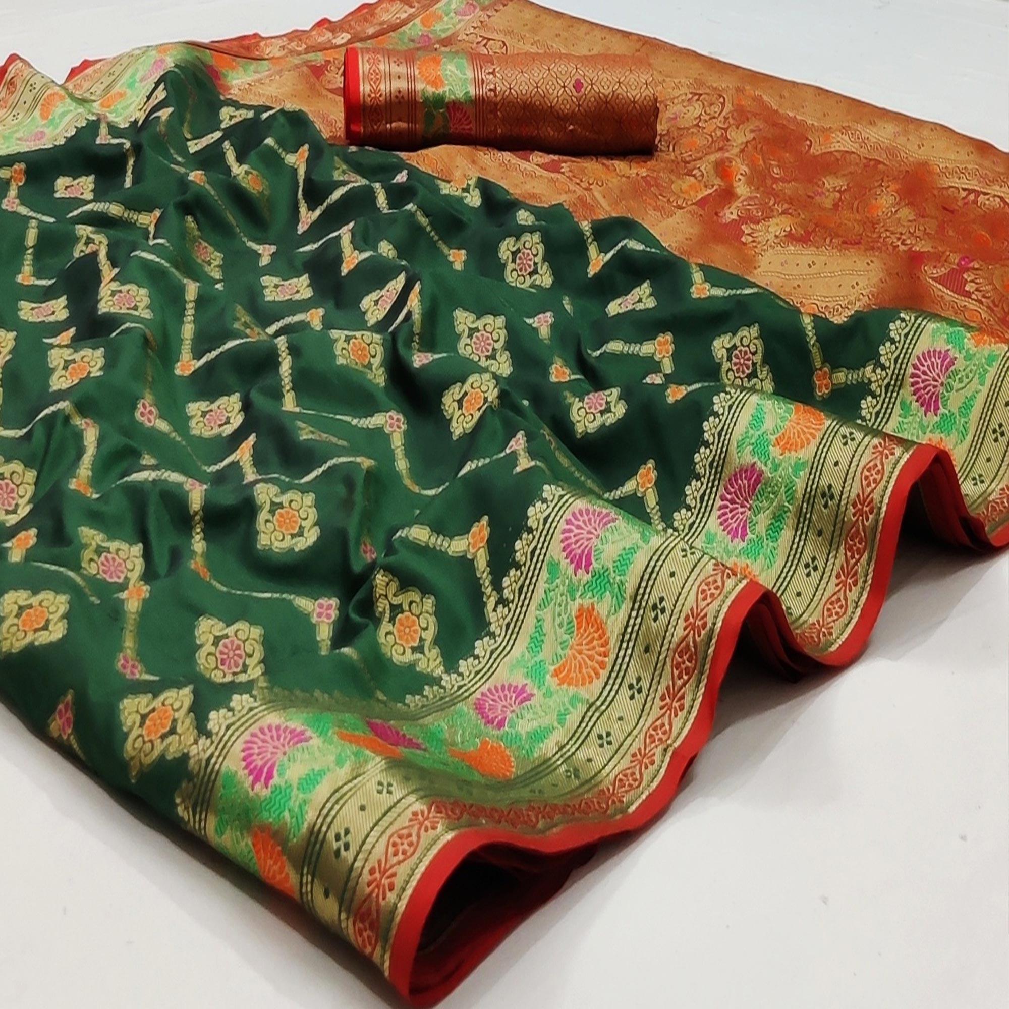 Bottle Green Festive Wear Floral Woven Soft Silk Saree With Jacquard Border - Peachmode