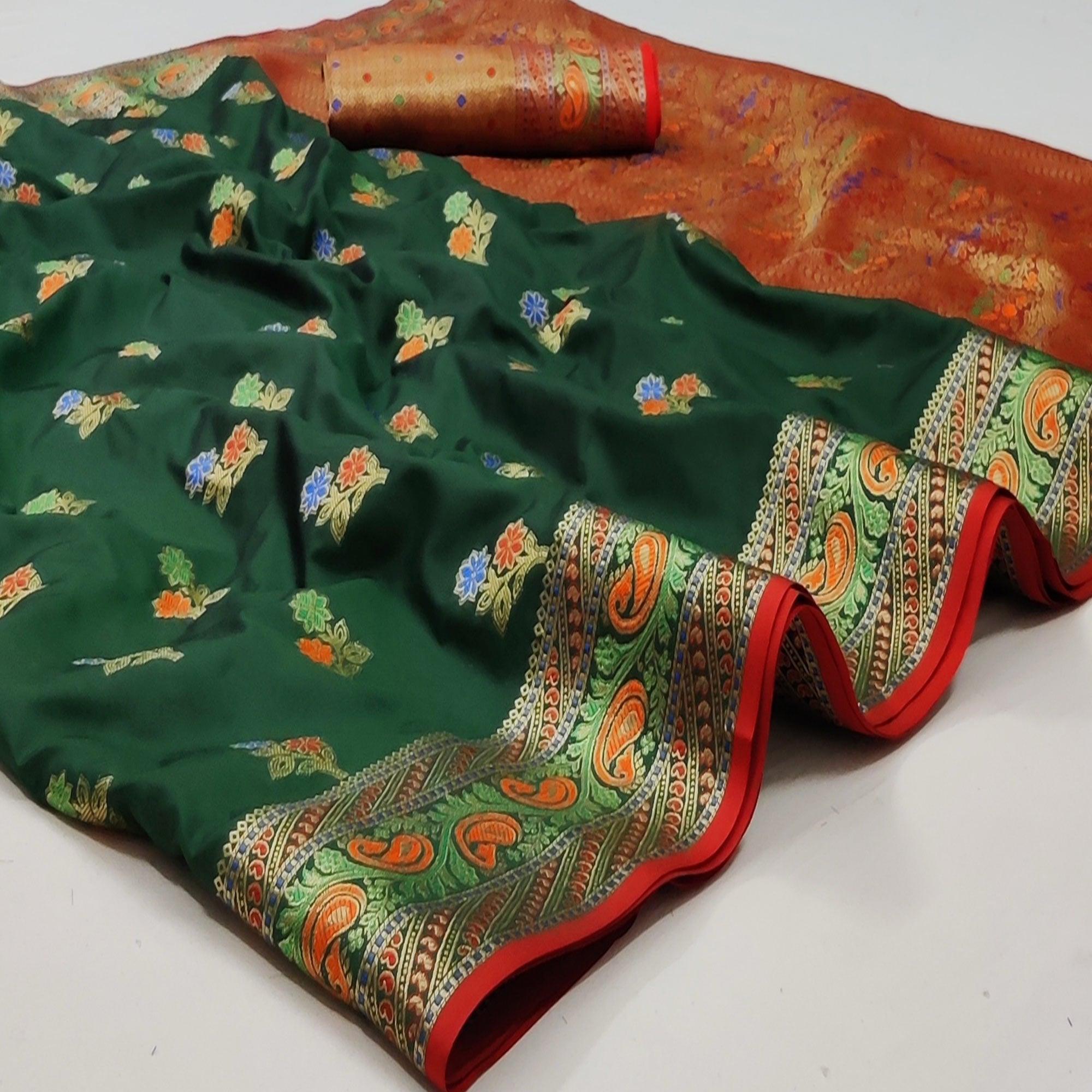 Bottle Green Festive Wear Floral Woven Soft Silk Saree With Jacquard Border - Peachmode