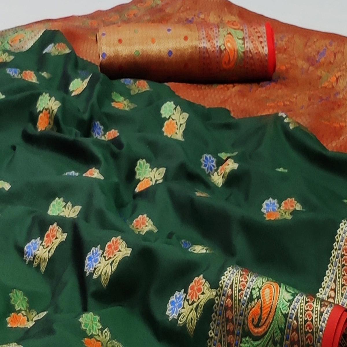 Bottle Green Festive Wear Floral Woven Soft Silk Saree With Jacquard Border - Peachmode
