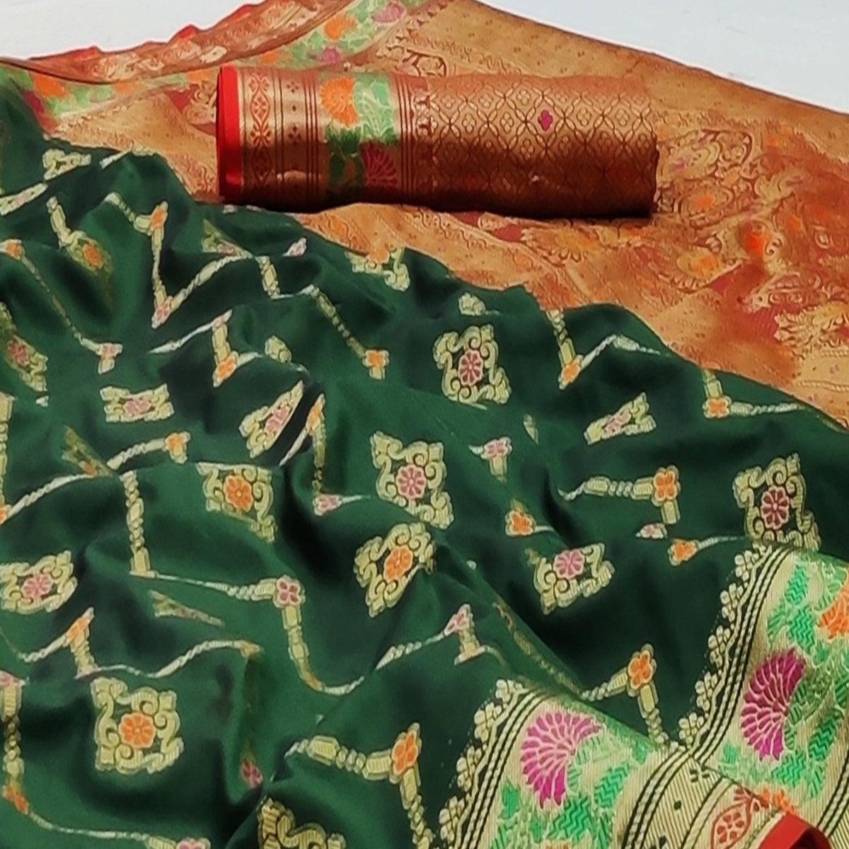 Bottle Green Festive Wear Floral Woven Soft Silk Saree With Jacquard Border - Peachmode