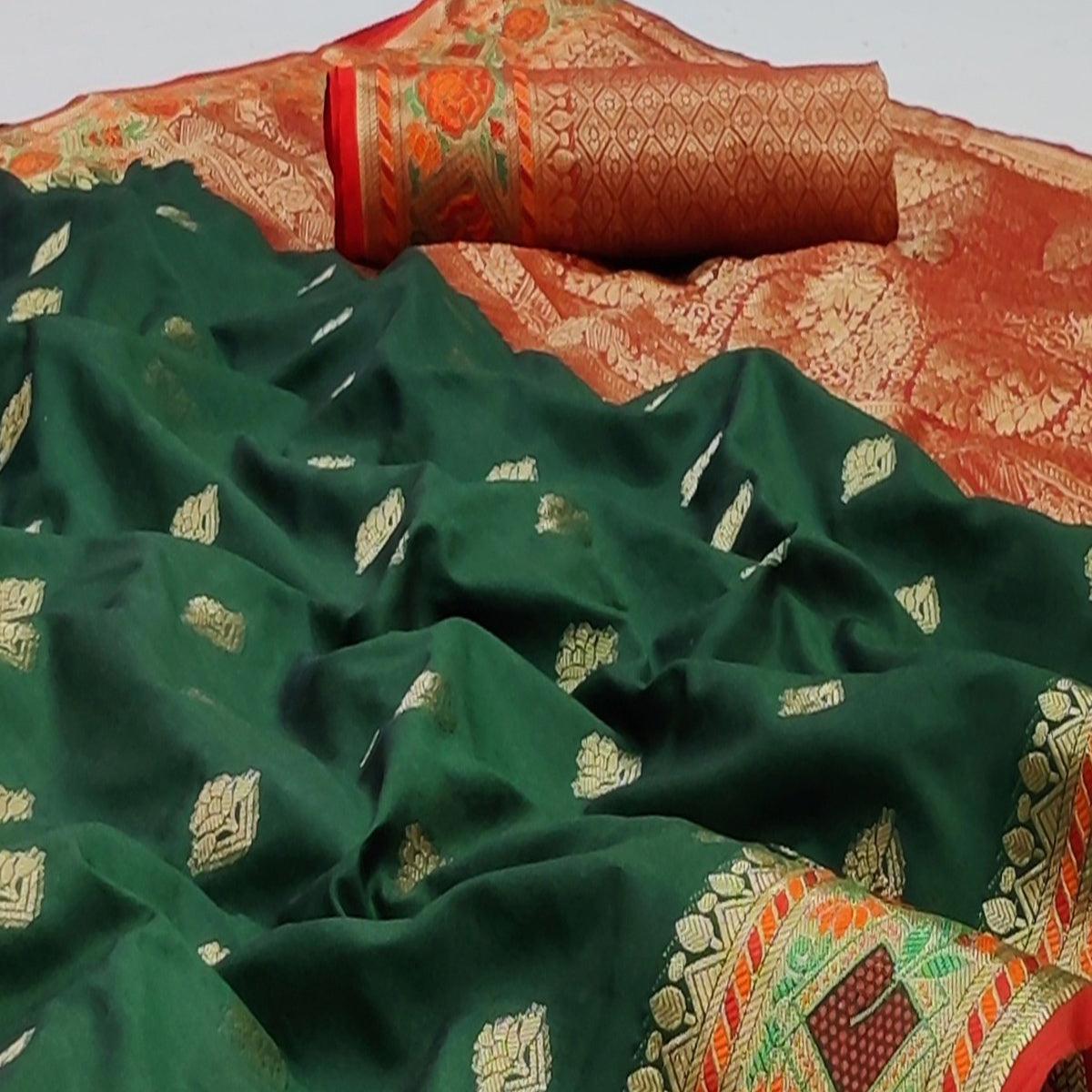 Bottle Green Festive Wear Floral Woven Soft Silk Saree With Jacquard Border - Peachmode