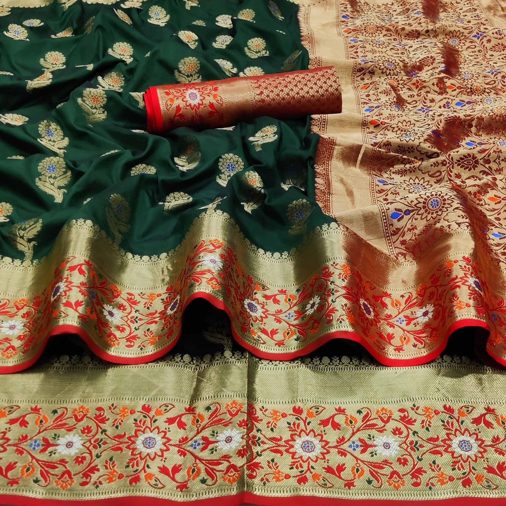 Bottle Green Festive Wear Floral Woven Soft Silk Saree With Jacquard Border - Peachmode