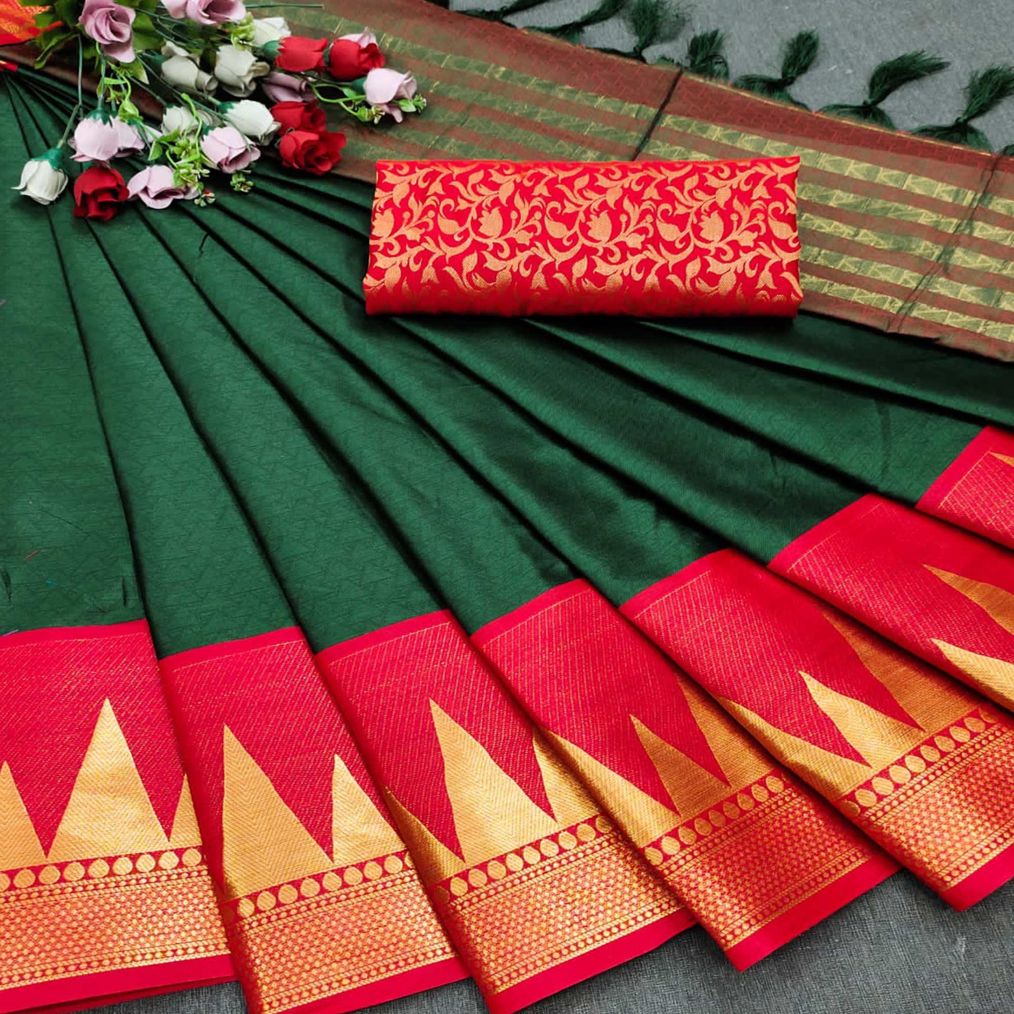 Bottle Green Festive Wear Jacquard Woven Border Heavy Cotton Silk Saree - Peachmode