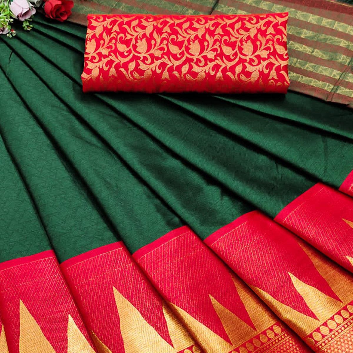 Bottle Green Festive Wear Jacquard Woven Border Heavy Cotton Silk Saree - Peachmode