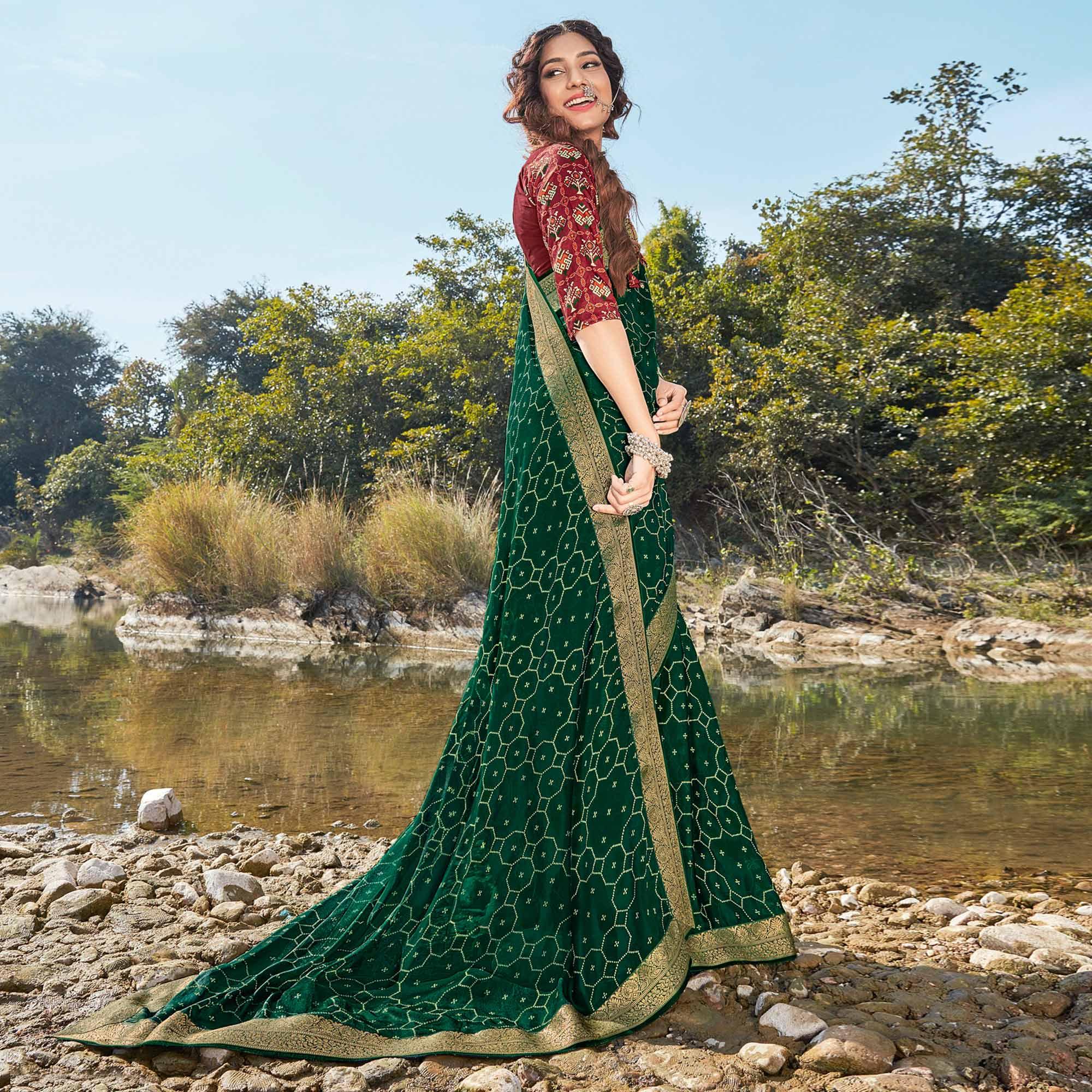 Bottle Green Festive Wear Printed Silk Saree - Peachmode