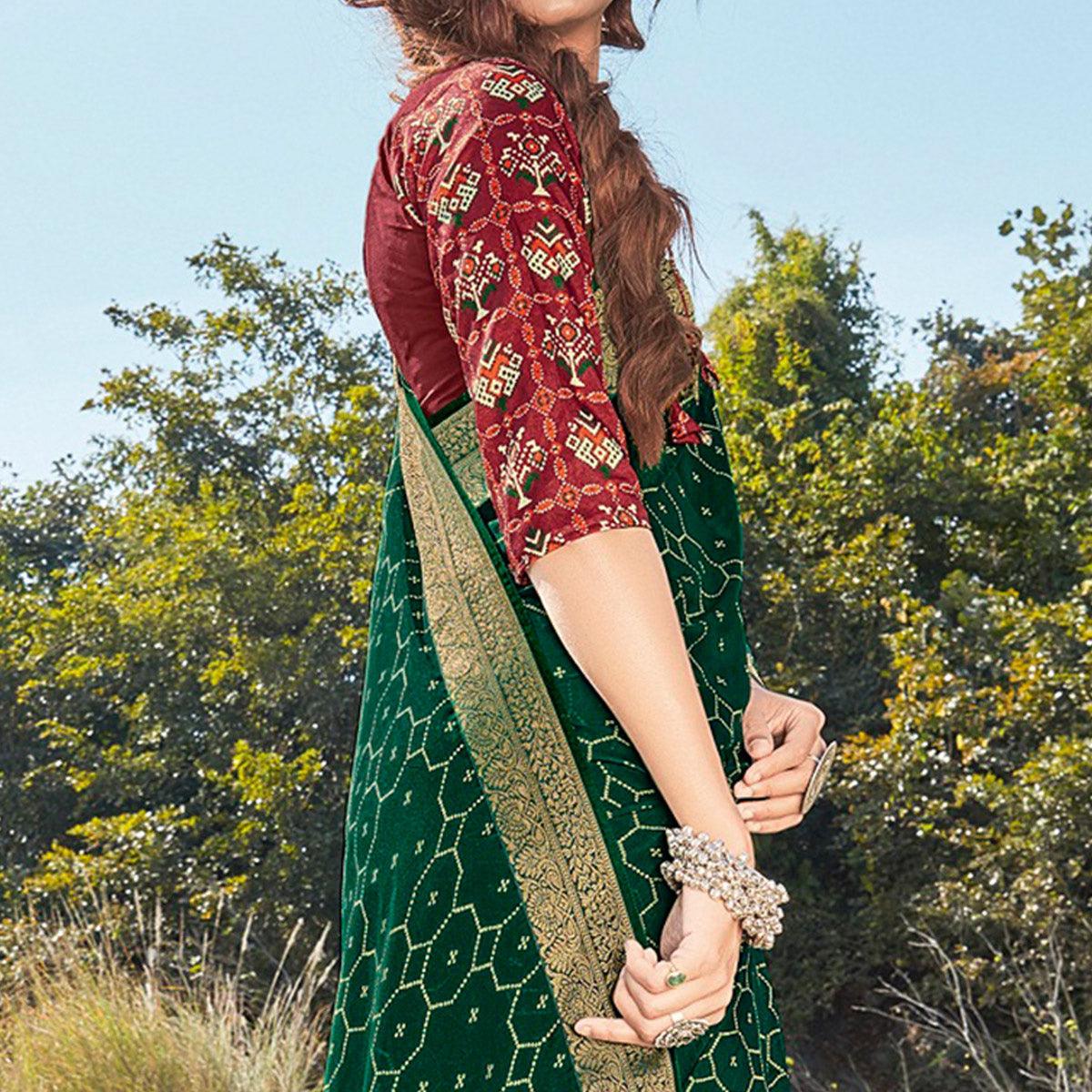 Bottle Green Festive Wear Printed Silk Saree - Peachmode