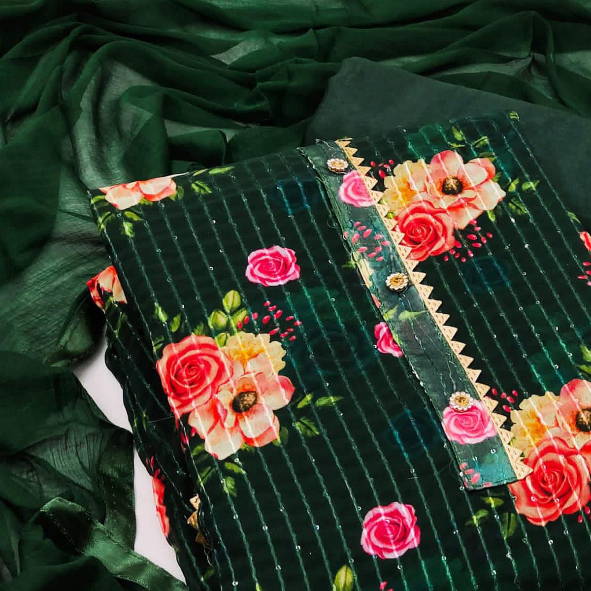 Bottle Green Festive Wear Sequence Embroidered Georgette Dress Material - Peachmode