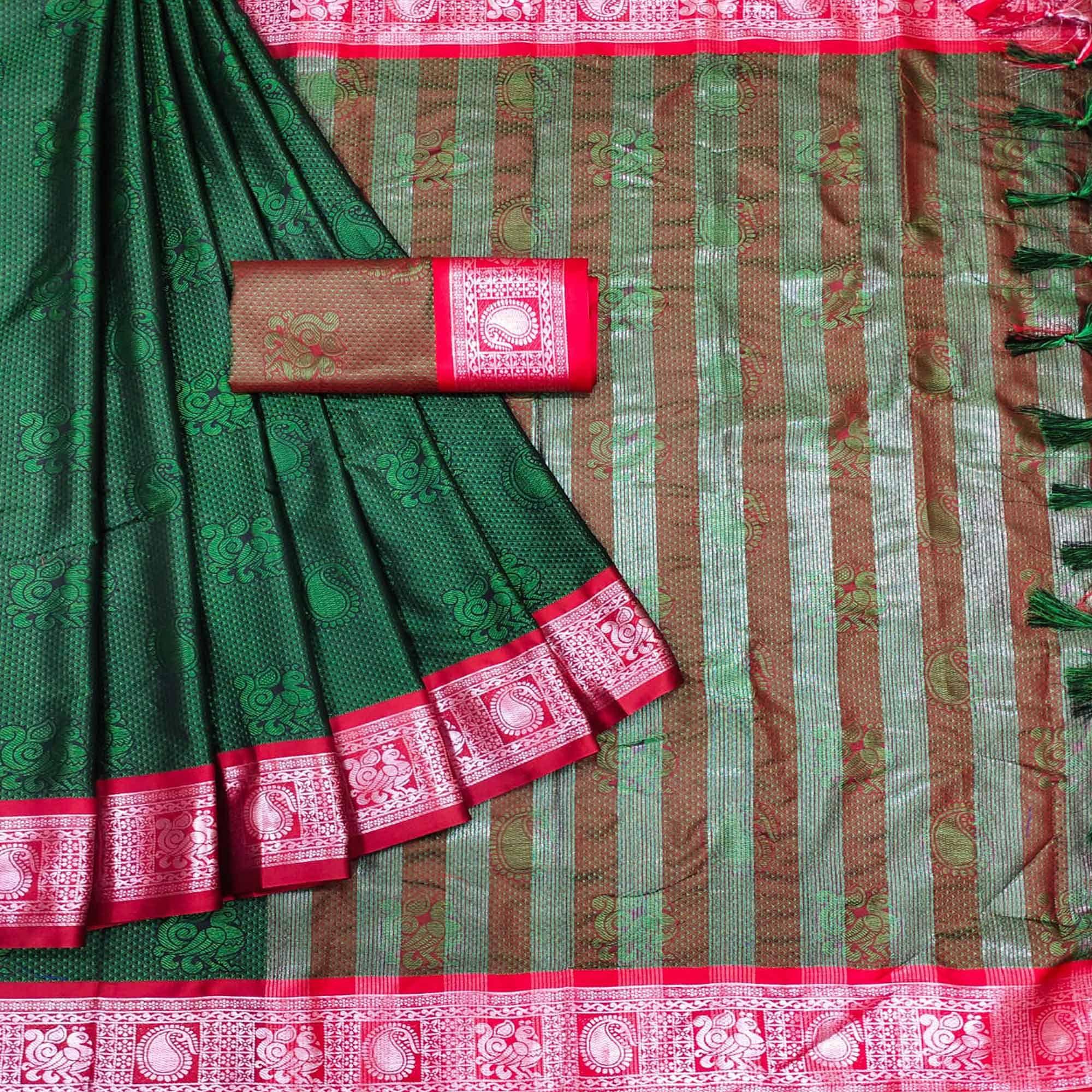 Bottle Green Festive Wear Woven Cotton Silk Saree - Peachmode
