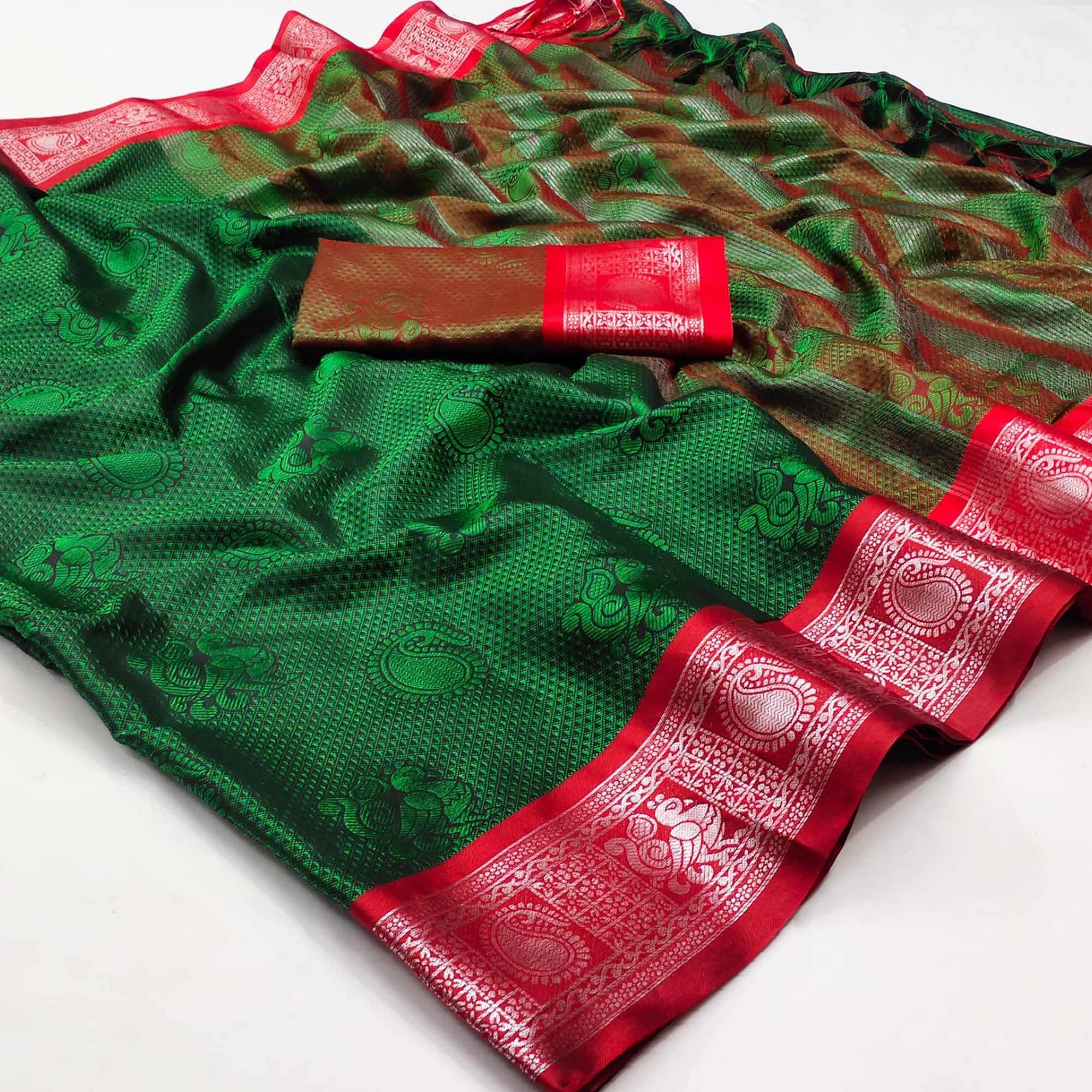 Bottle Green Festive Wear Woven Cotton Silk Saree - Peachmode