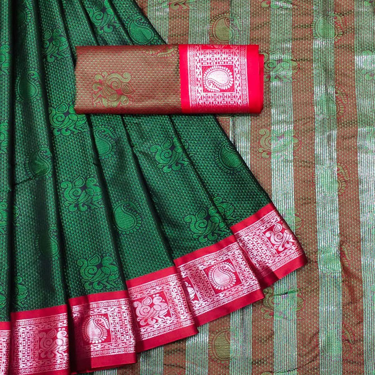 Bottle Green Festive Wear Woven Cotton Silk Saree - Peachmode