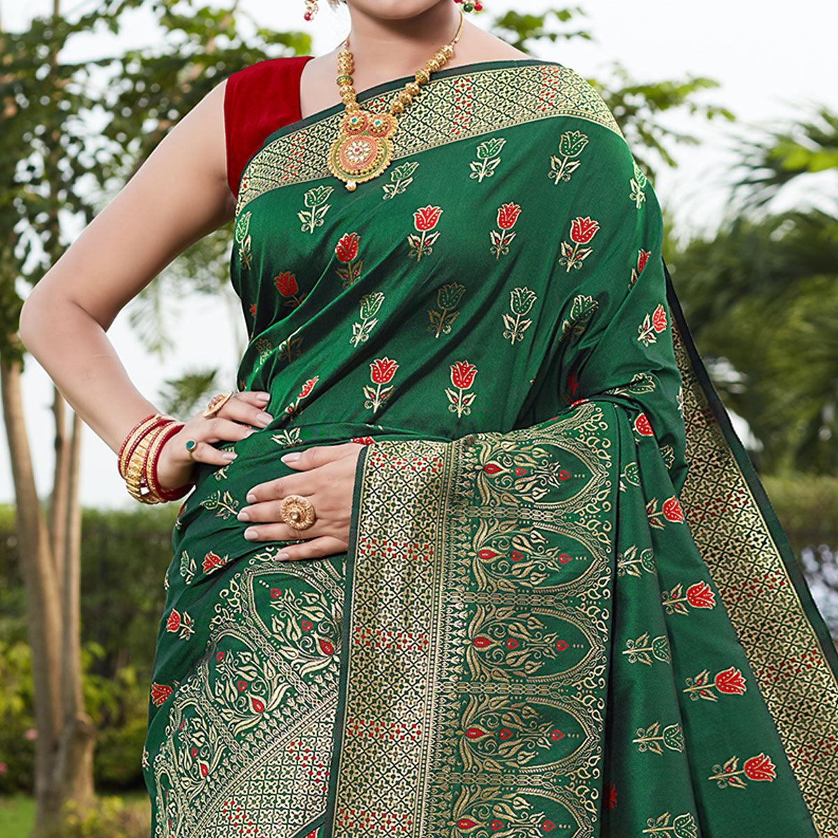 Bottle Green Festive Wear Woven With Meena Rappier Lichi Silk Saree - Peachmode