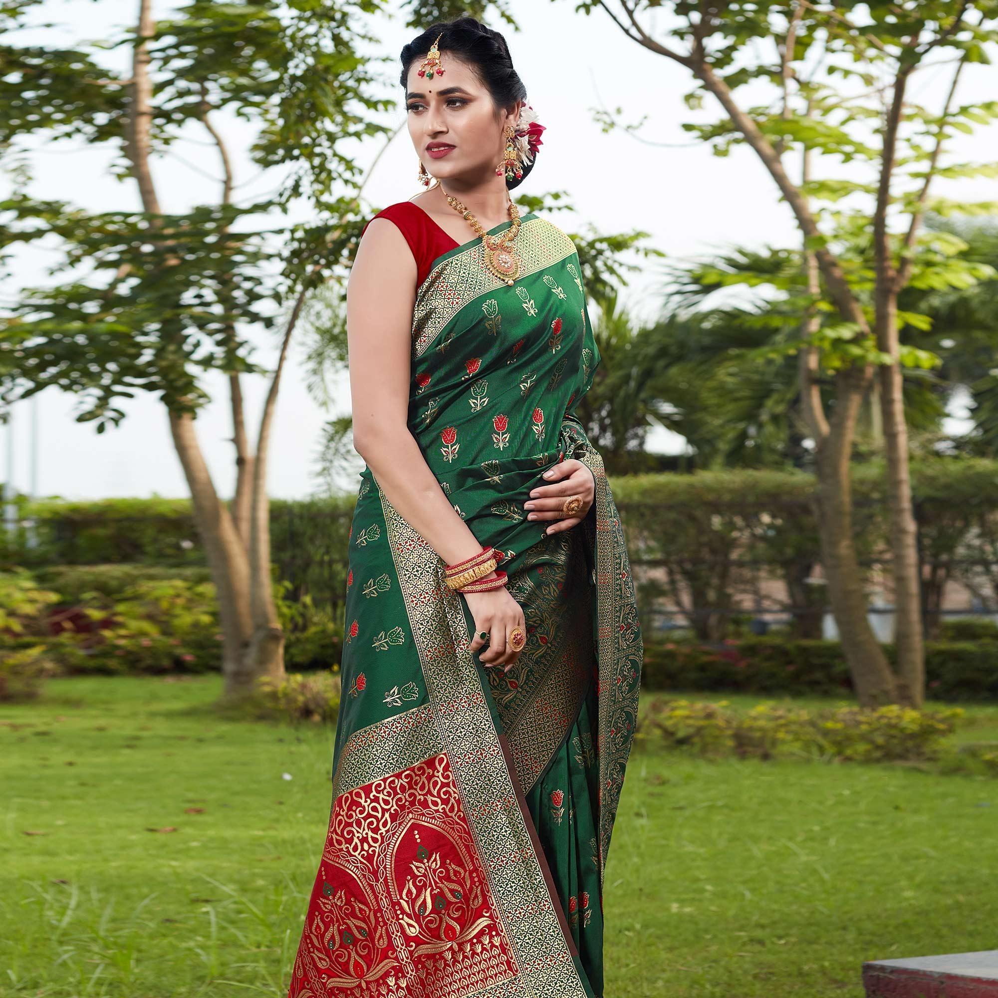 Bottle Green Festive Wear Woven With Meena Rappier Lichi Silk Saree - Peachmode