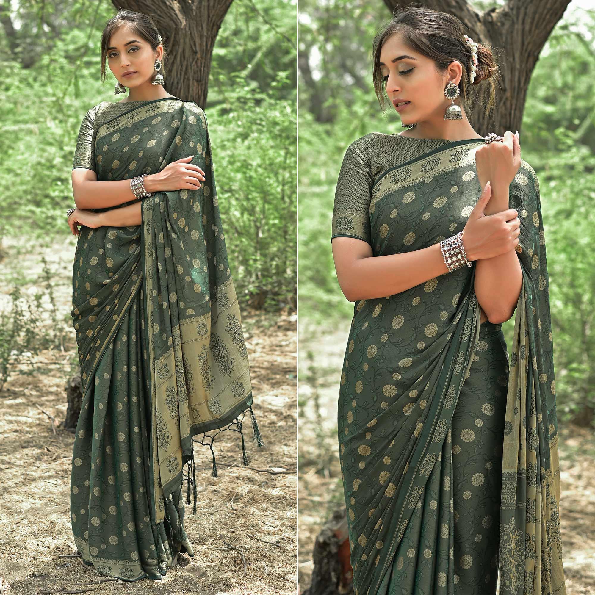 Bottle Green Festive Wear Woven With Swarovski Art Silk Saree - Peachmode