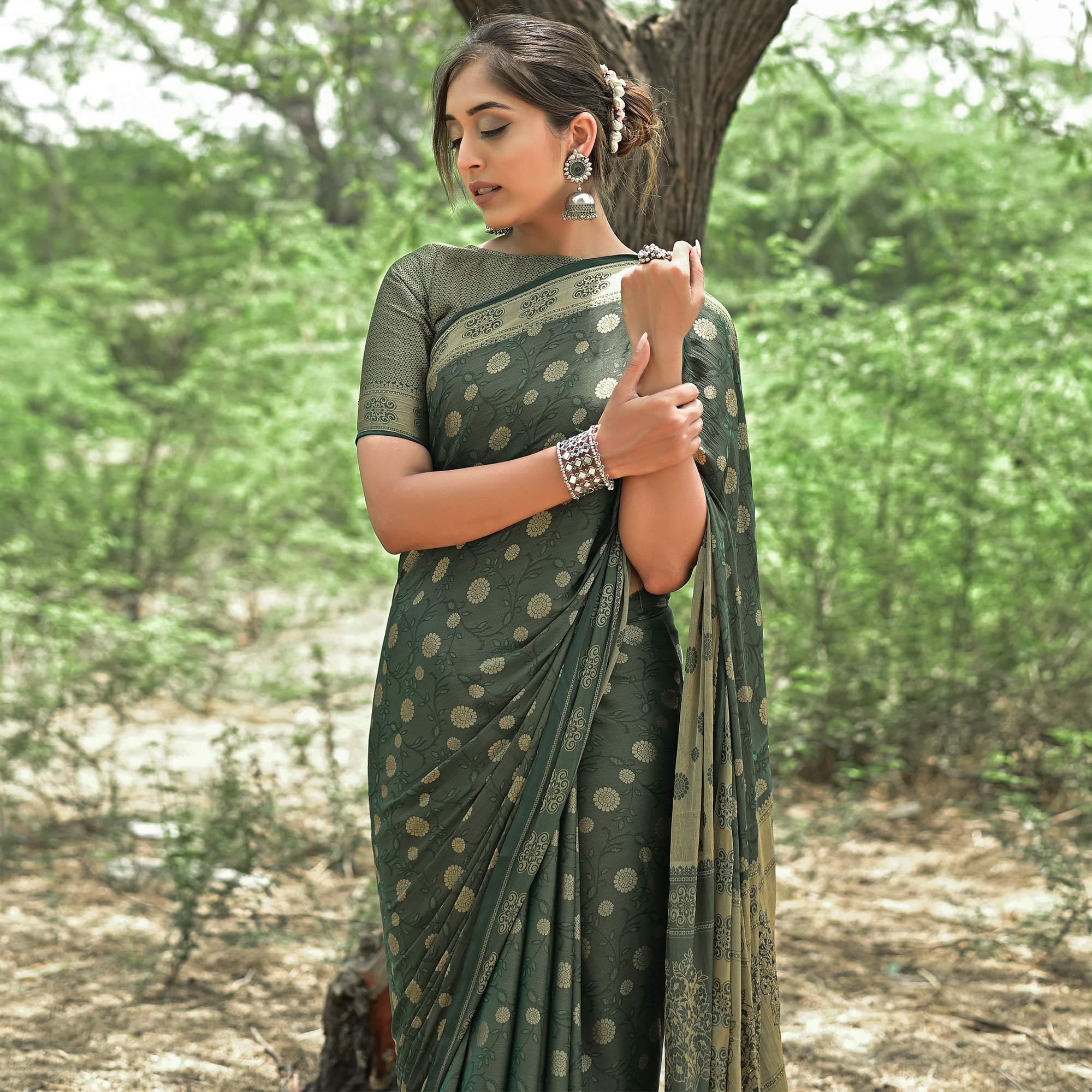 Bottle Green Festive Wear Woven With Swarovski Art Silk Saree - Peachmode