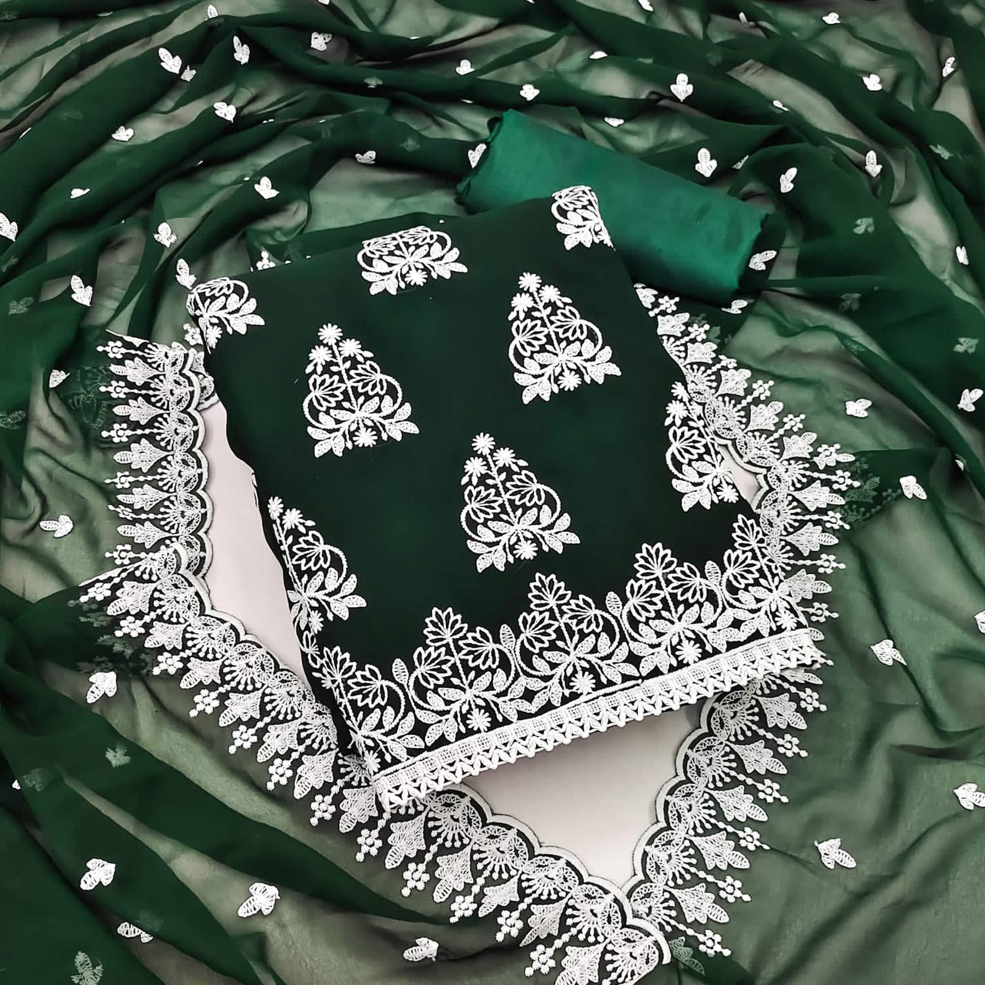 Bottle Green Floral Embroidered Georgette Dress Material - Peachmode