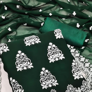 Bottle Green Floral Embroidered Georgette Dress Material - Peachmode