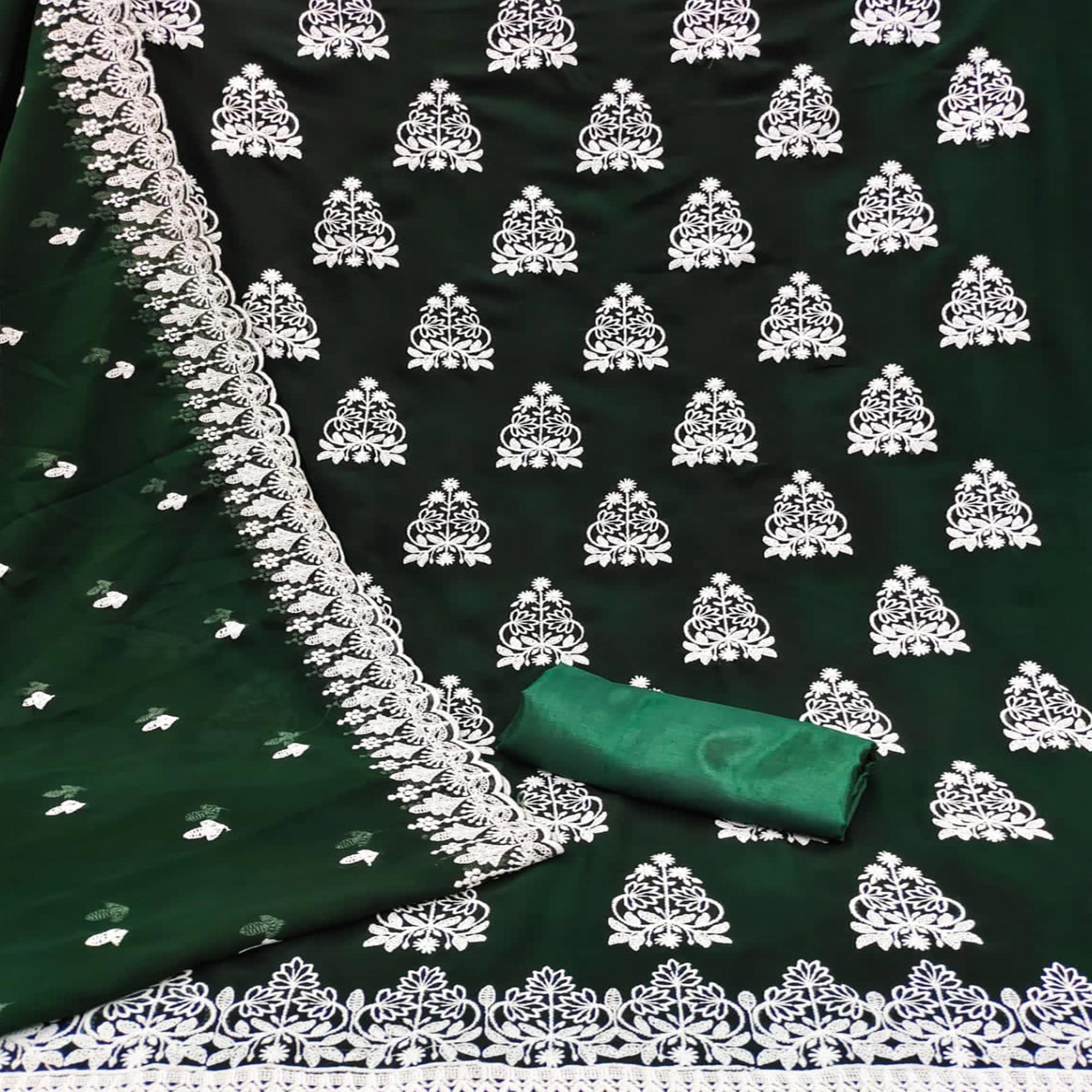 Bottle Green Floral Embroidered Georgette Dress Material - Peachmode
