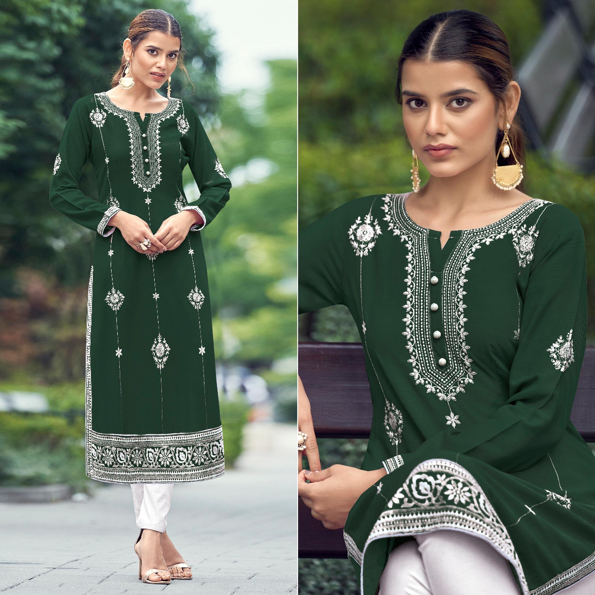 Bottle Green Floral Embroidered Rayon Kurti - Peachmode