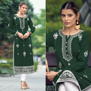 Bottle Green Floral Embroidered Rayon Kurti - Peachmode