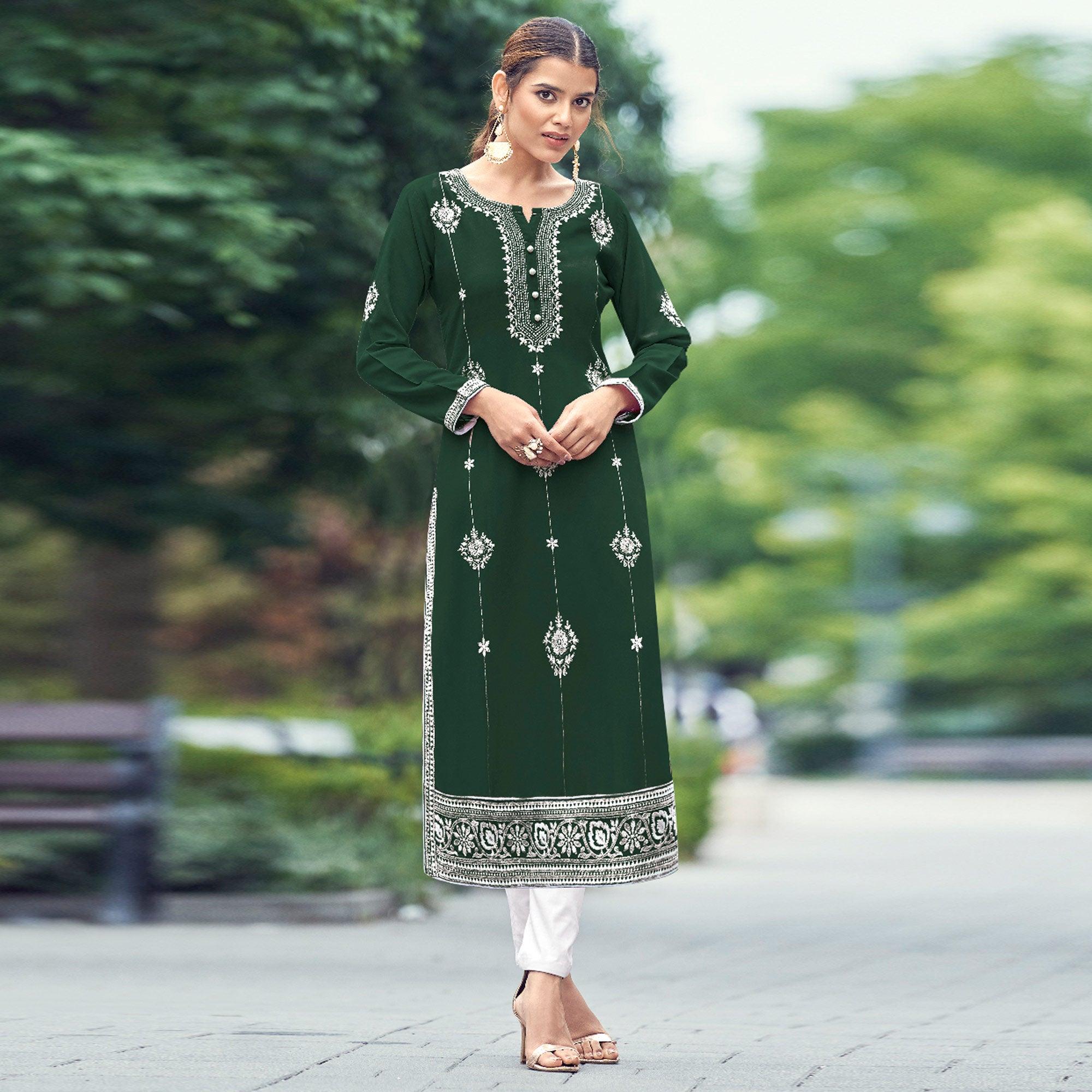 Bottle Green Floral Embroidered Rayon Kurti - Peachmode