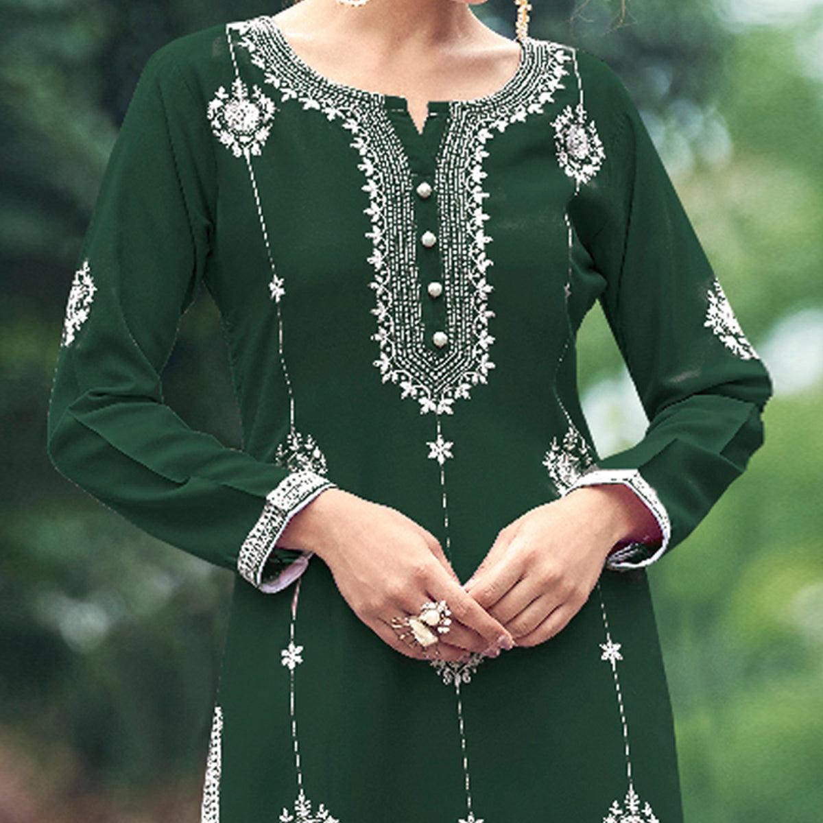Bottle Green Floral Embroidered Rayon Kurti - Peachmode
