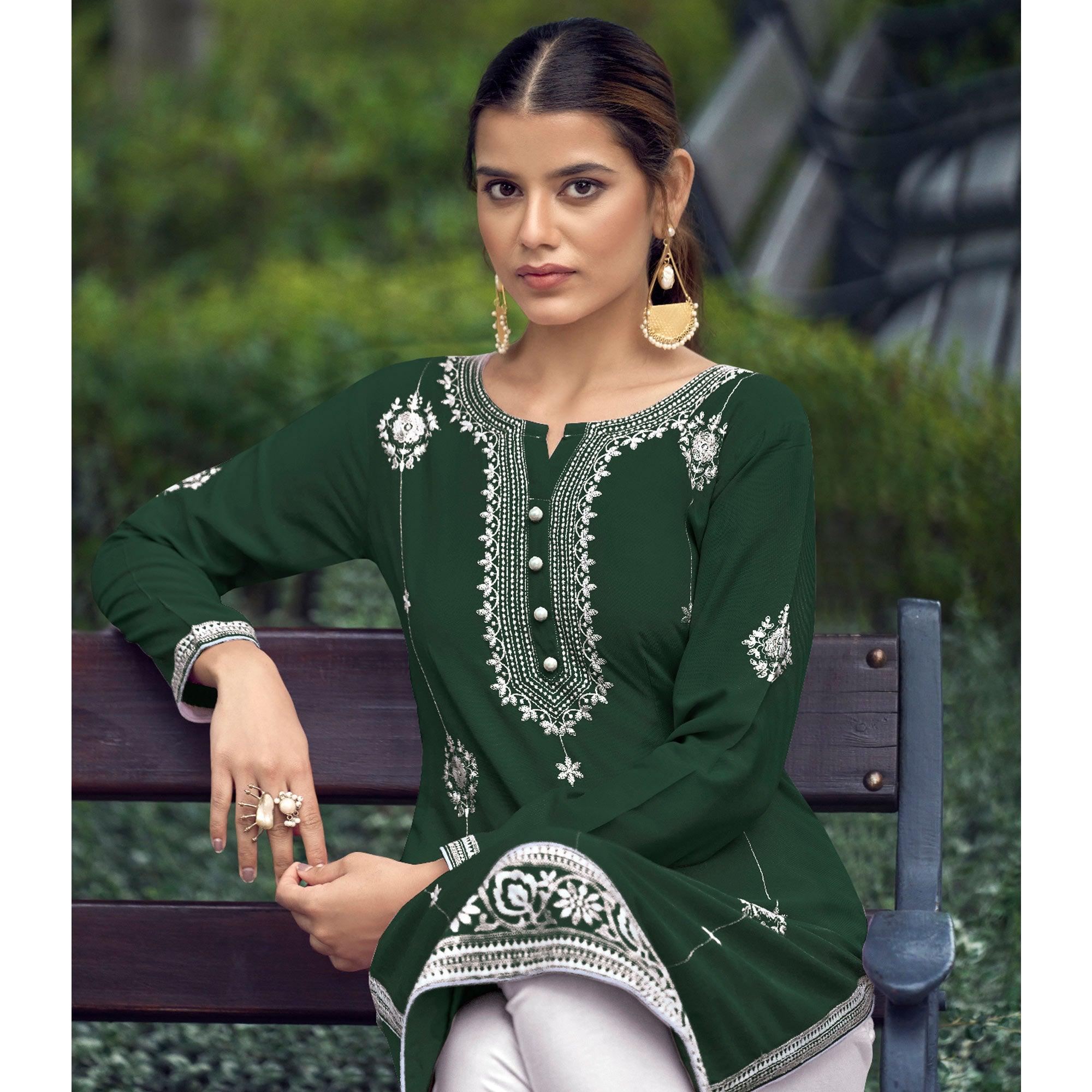 Bottle Green Floral Embroidered Rayon Kurti - Peachmode