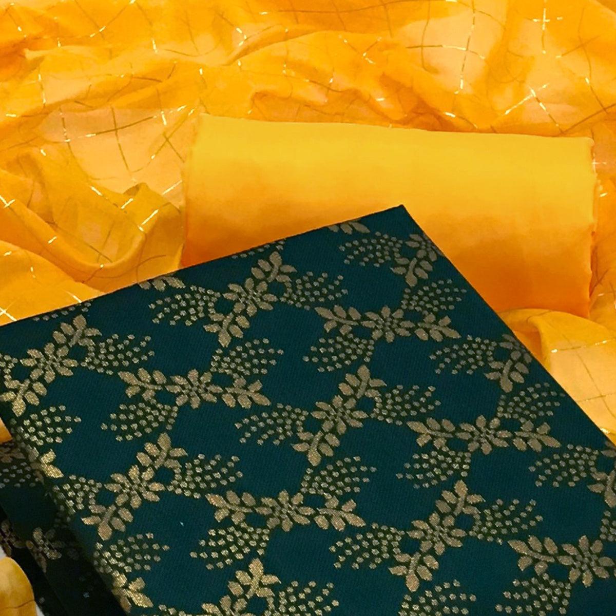 Bottle Green Floral Woven Banarasi Silk Dress Material - Peachmode