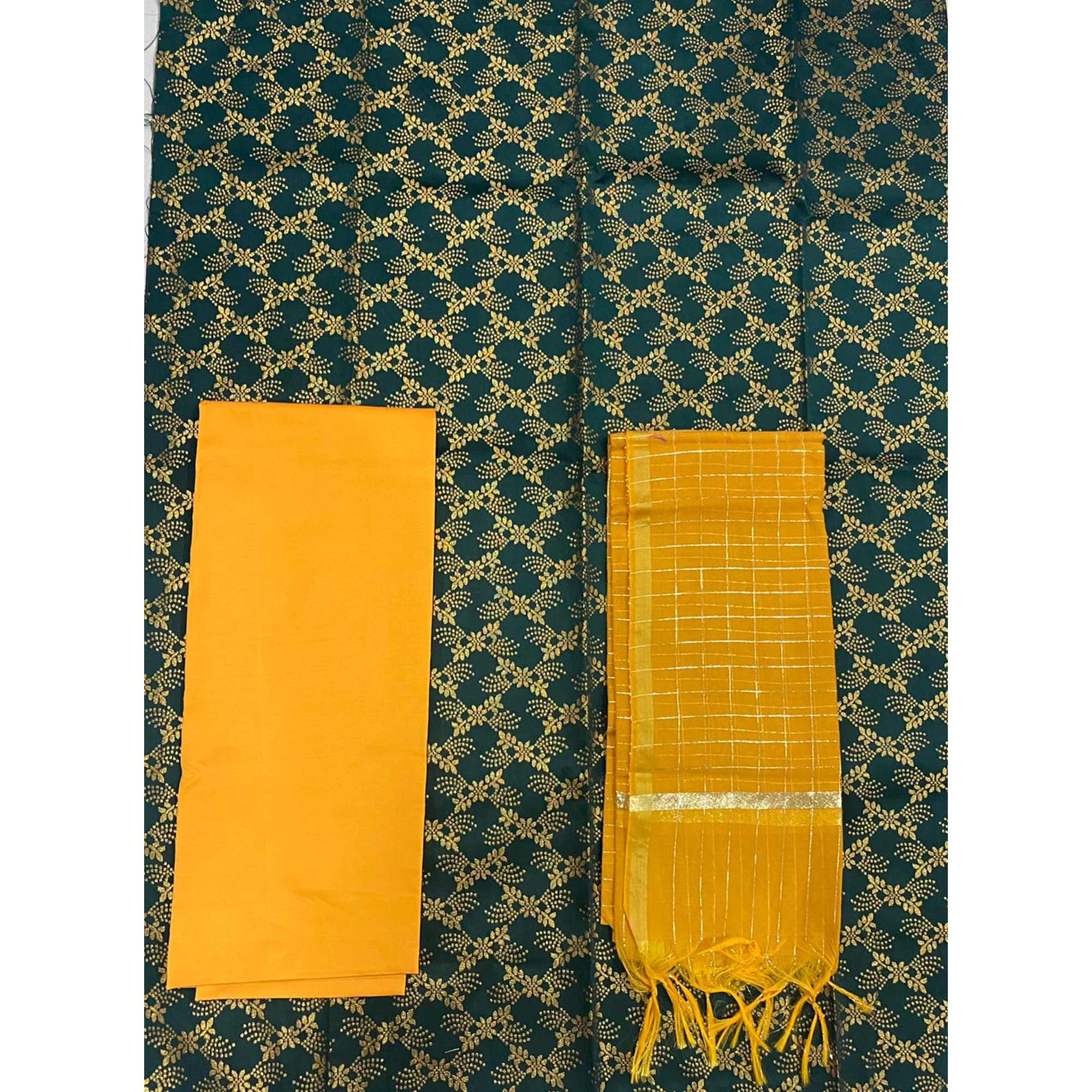 Bottle Green Floral Woven Banarasi Silk Dress Material - Peachmode