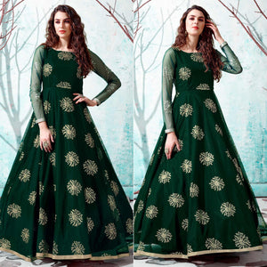 Bottle Green Foil Printed Netted Gown - Peachmode