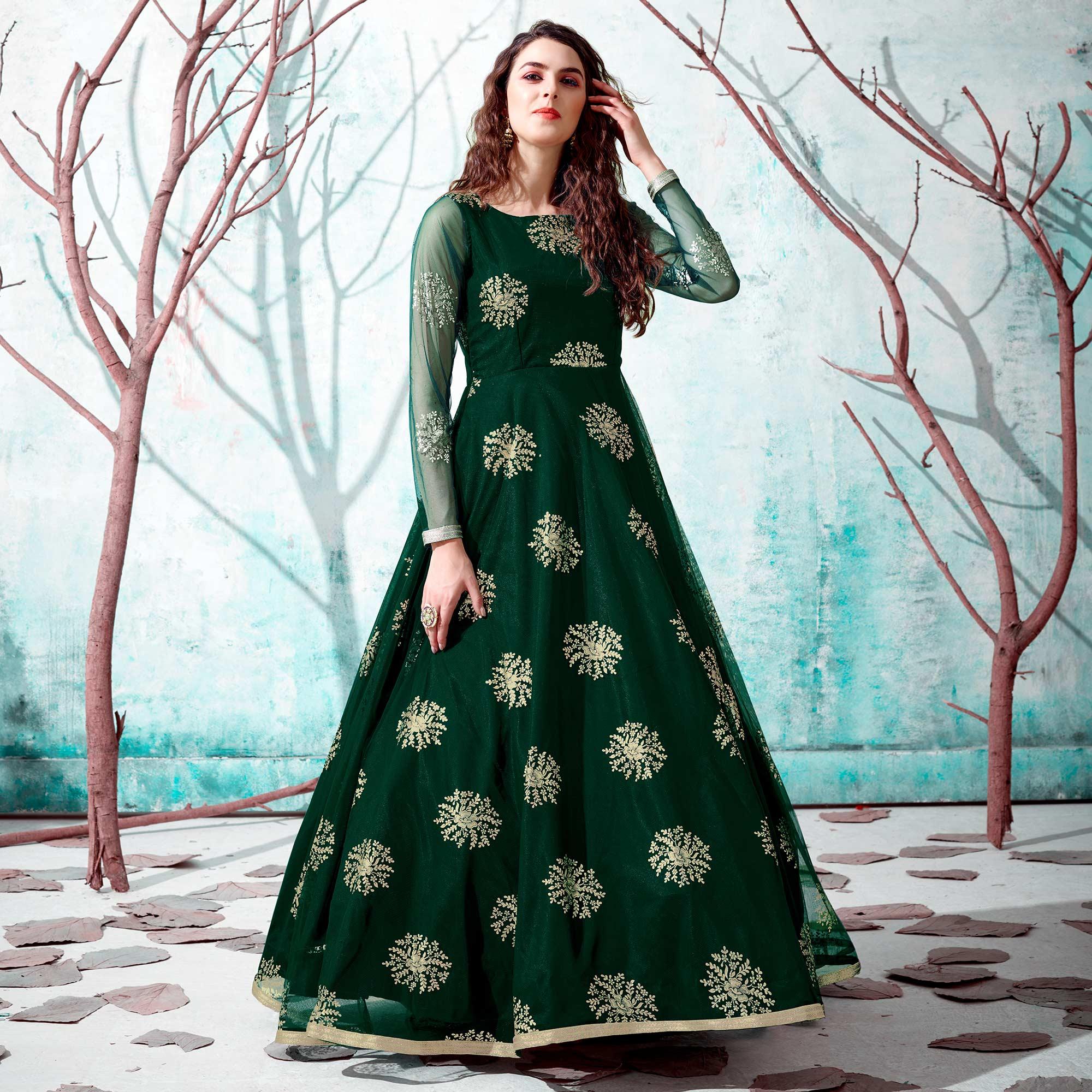 Bottle Green Foil Printed Netted Gown - Peachmode